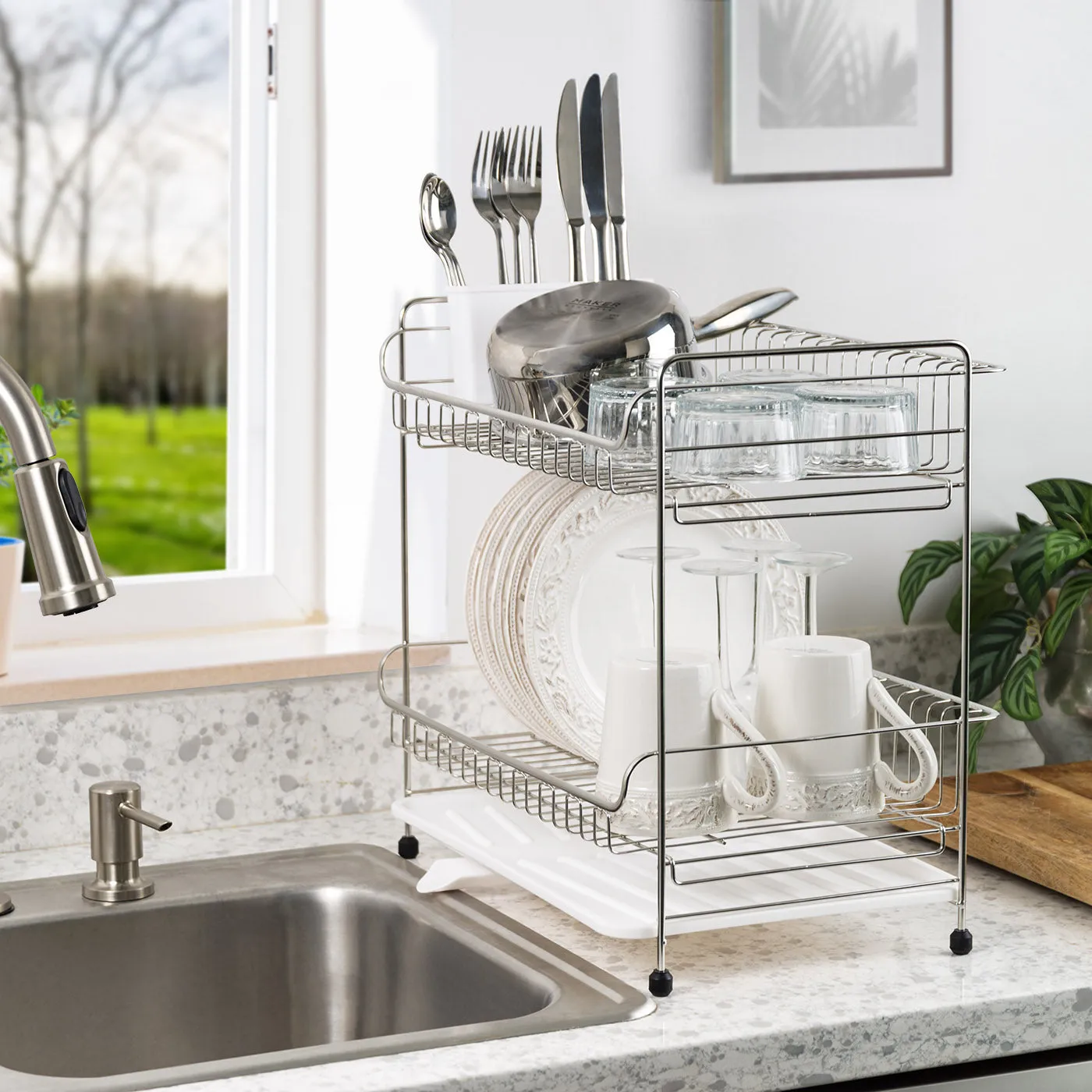 2-tier Medium Dish Rack with Drain Spout Black