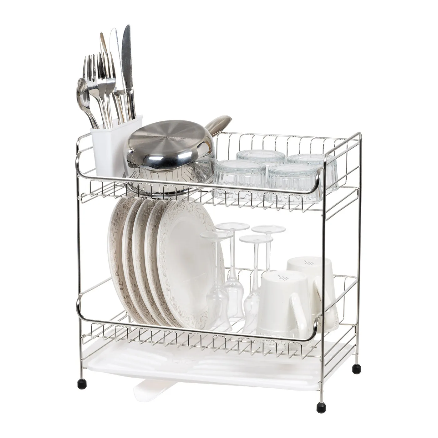 2-tier Medium Dish Rack with Drain Spout Black