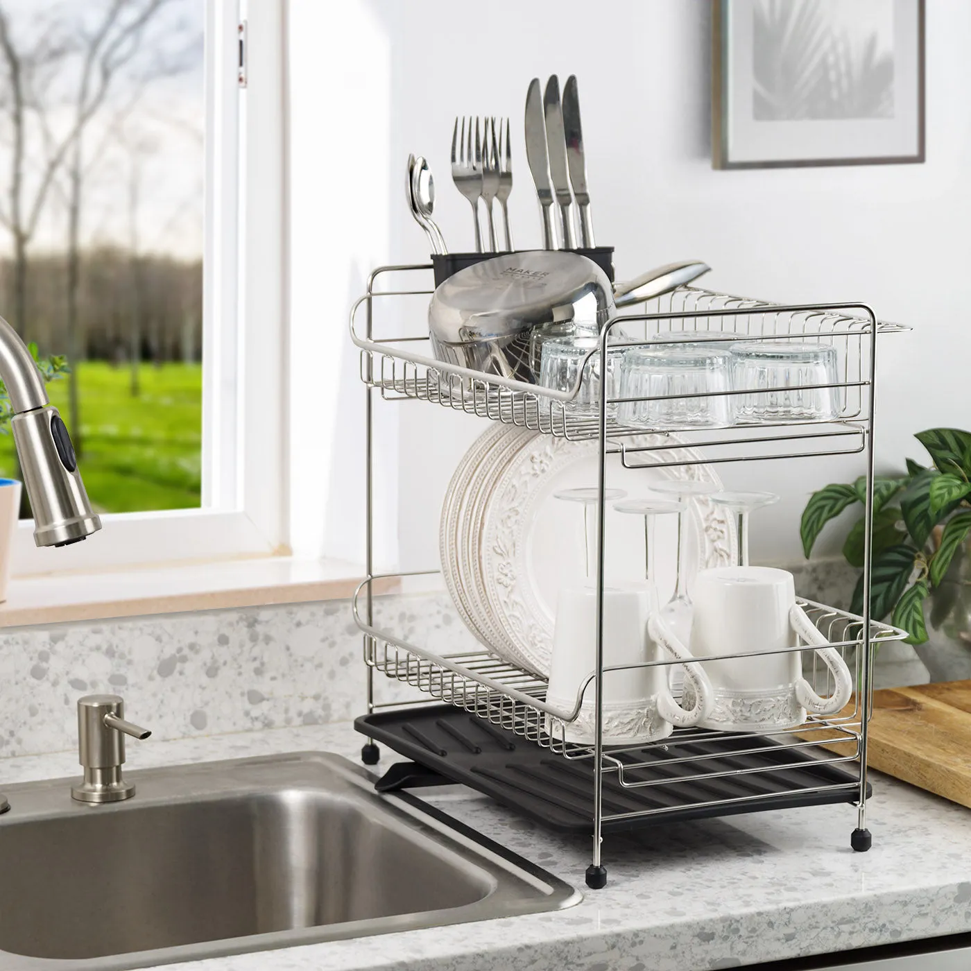 2-tier Medium Dish Rack with Drain Spout Black