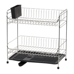 2-tier Medium Dish Rack with Drain Spout Black