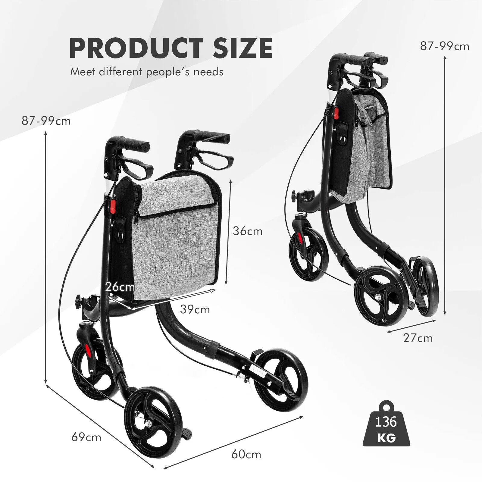 3-Wheel Aluminium Folding Rollator-Black