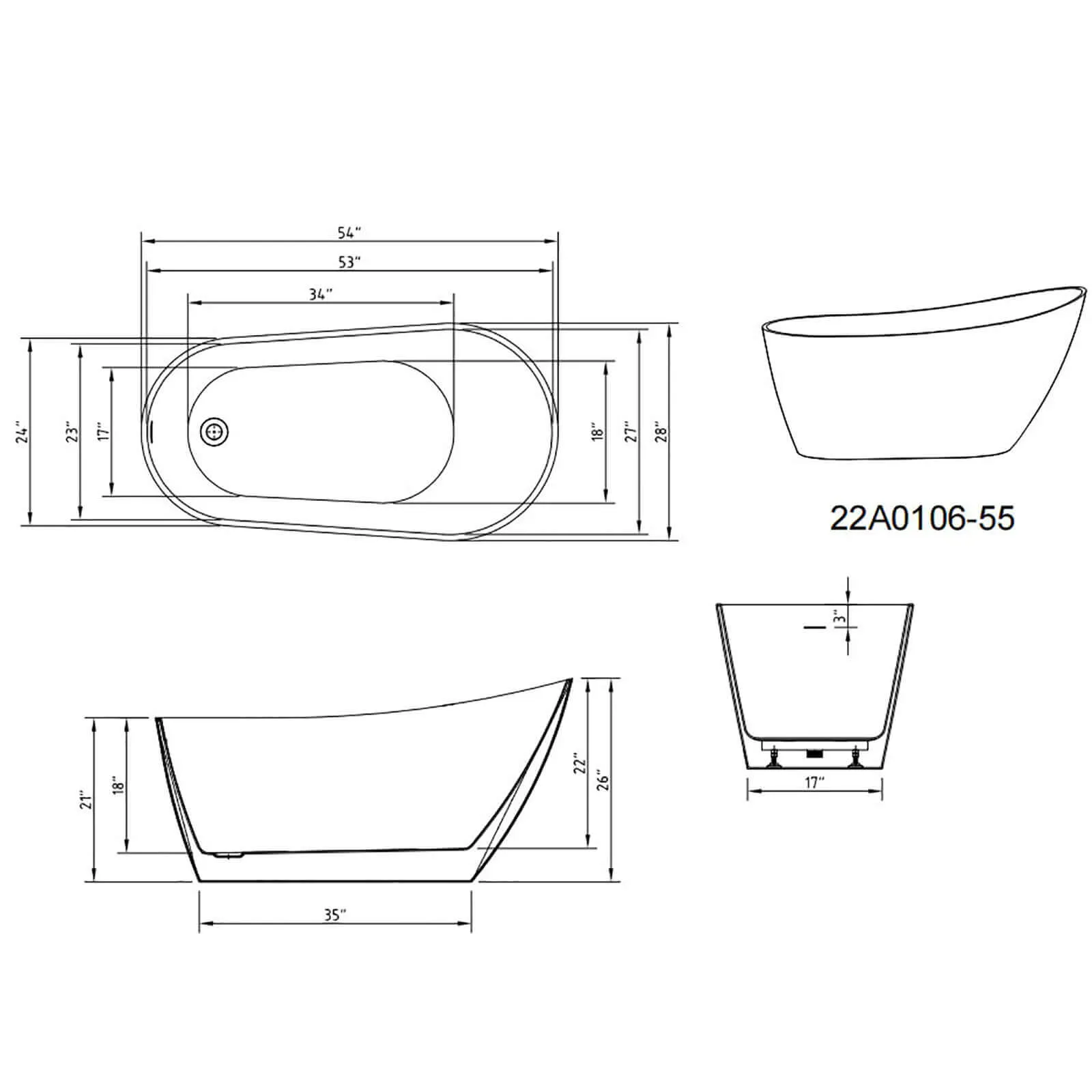 54" Acrylic Slipper Freestanding Bathtub