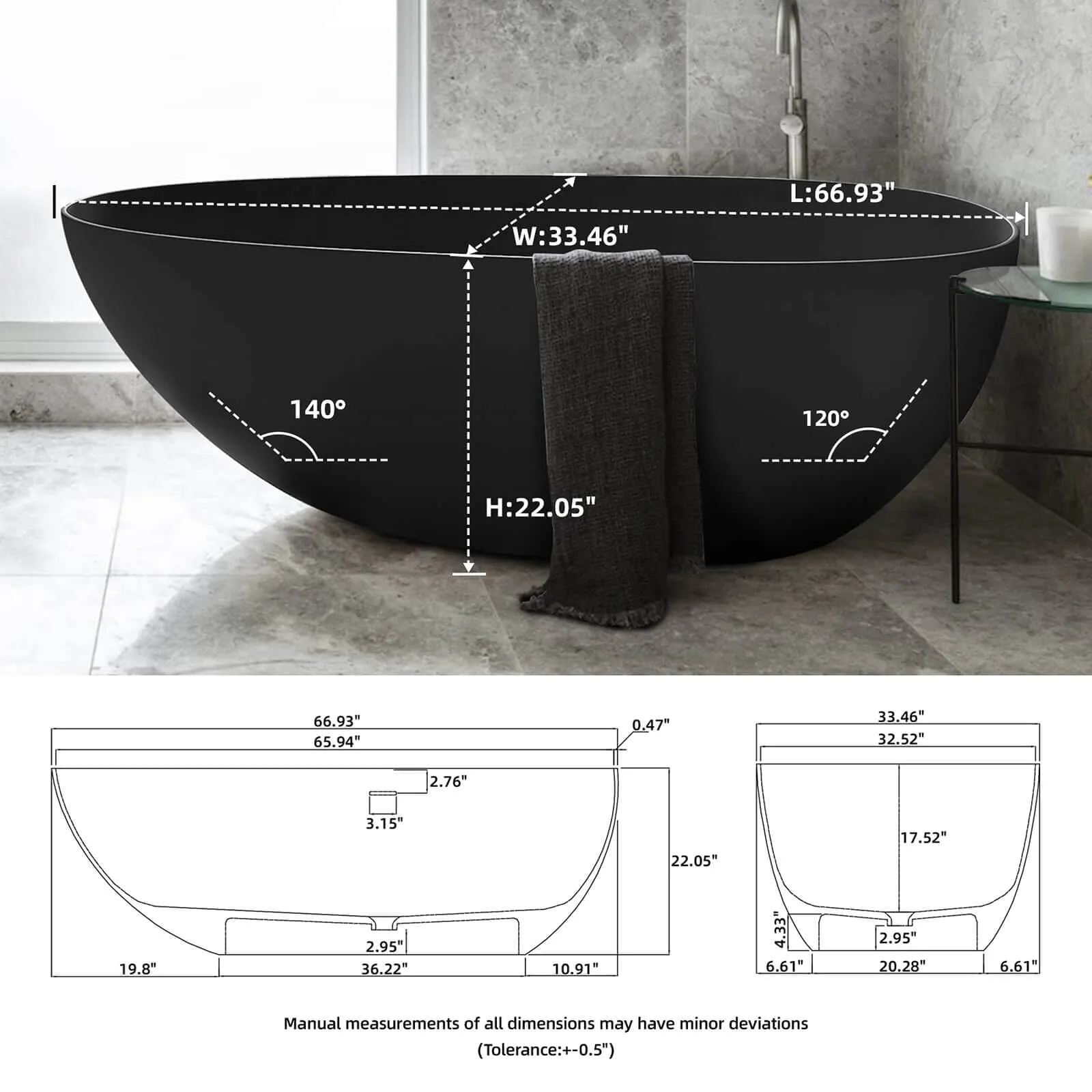 59"/67" Black Bathtub Egg Shaped Solid Surface freestanding Soaking Tub