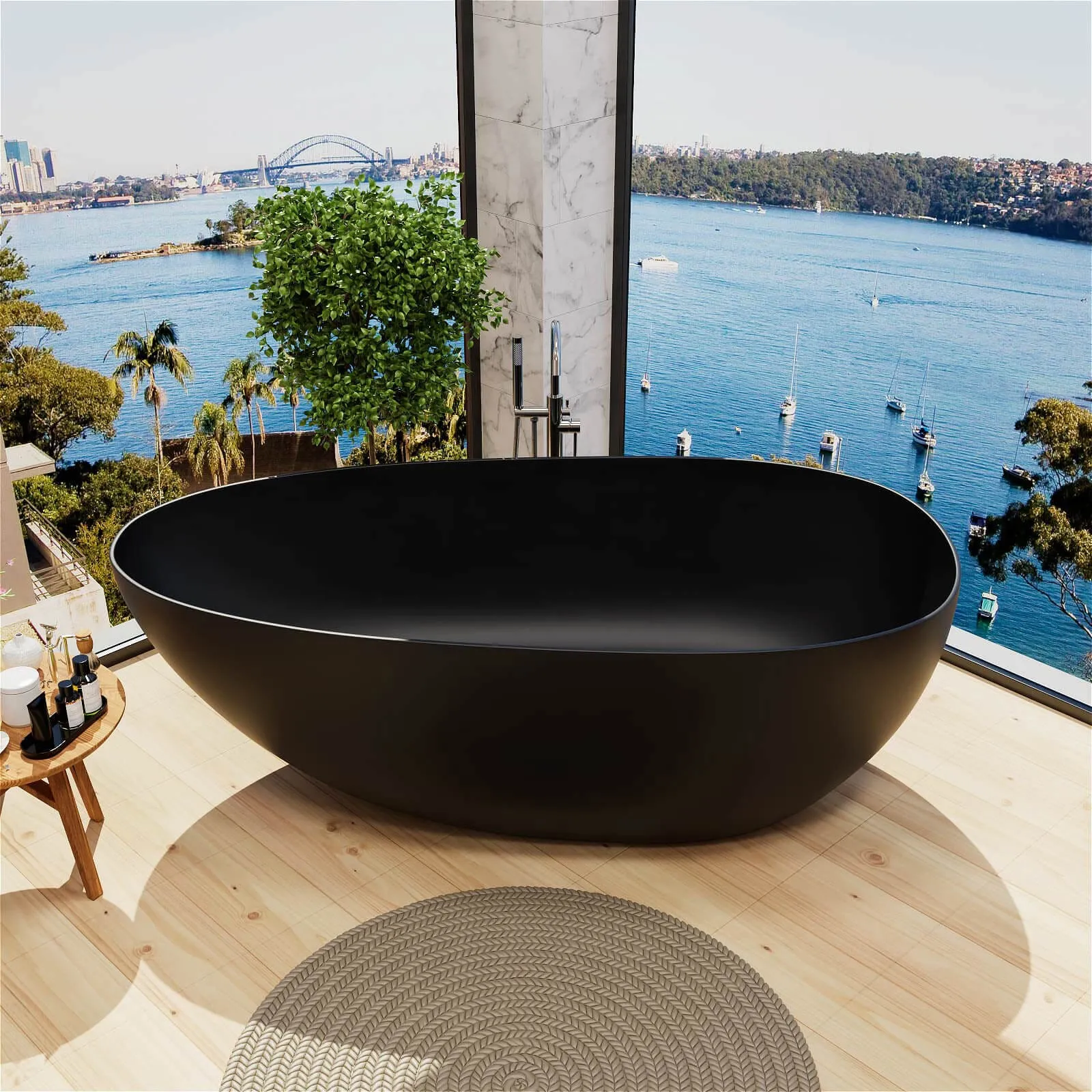 59"/67" Black Bathtub Egg Shaped Solid Surface freestanding Soaking Tub