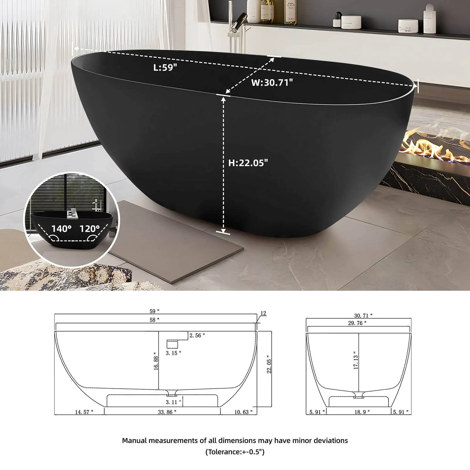 59"/67" Black Bathtub Egg Shaped Solid Surface freestanding Soaking Tub