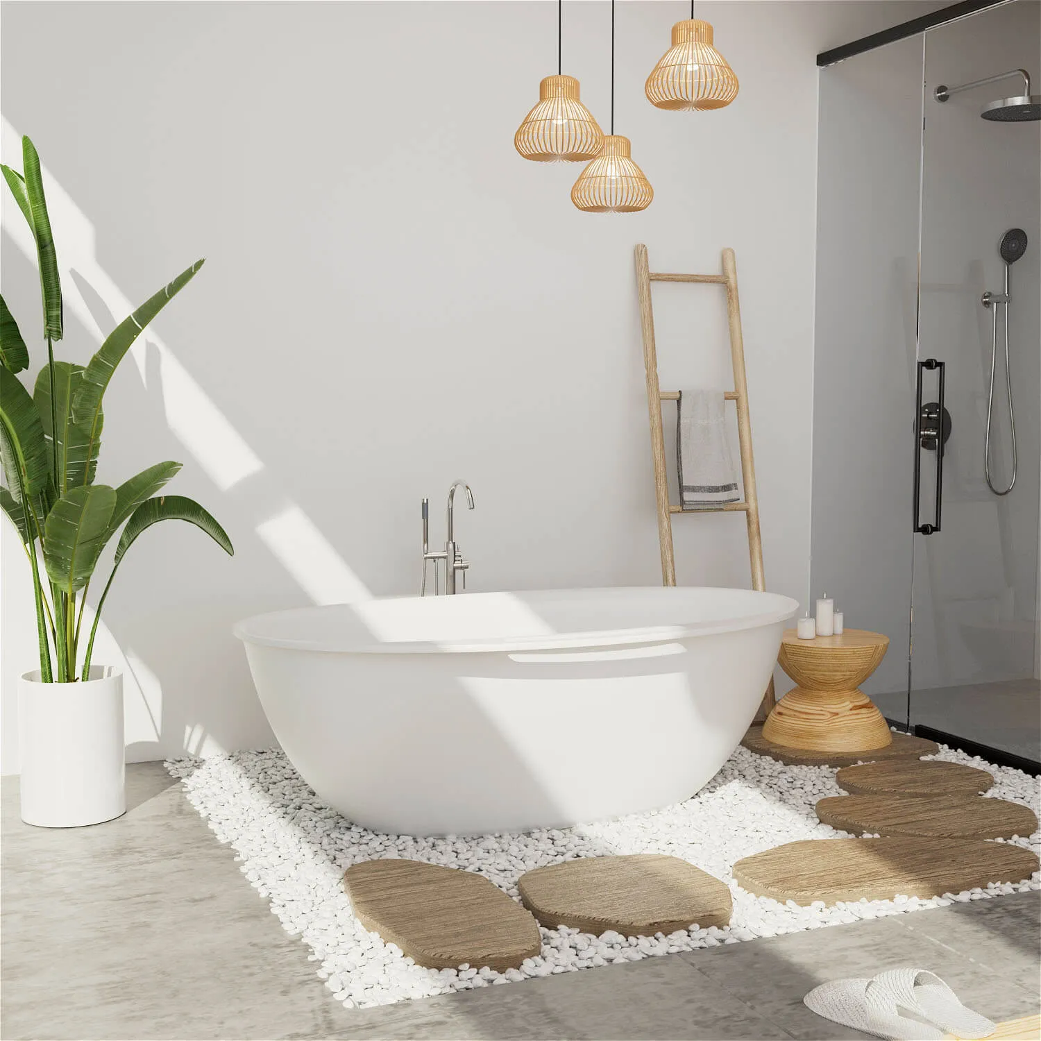 63'' Solid Surface Stone Resin Tub Freestanding Soaking Bathtub with Towel Rack Shelf