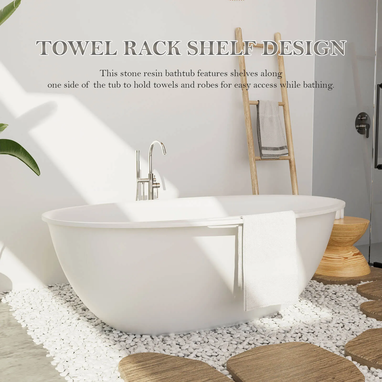 63'' Solid Surface Stone Resin Tub Freestanding Soaking Bathtub with Towel Rack Shelf