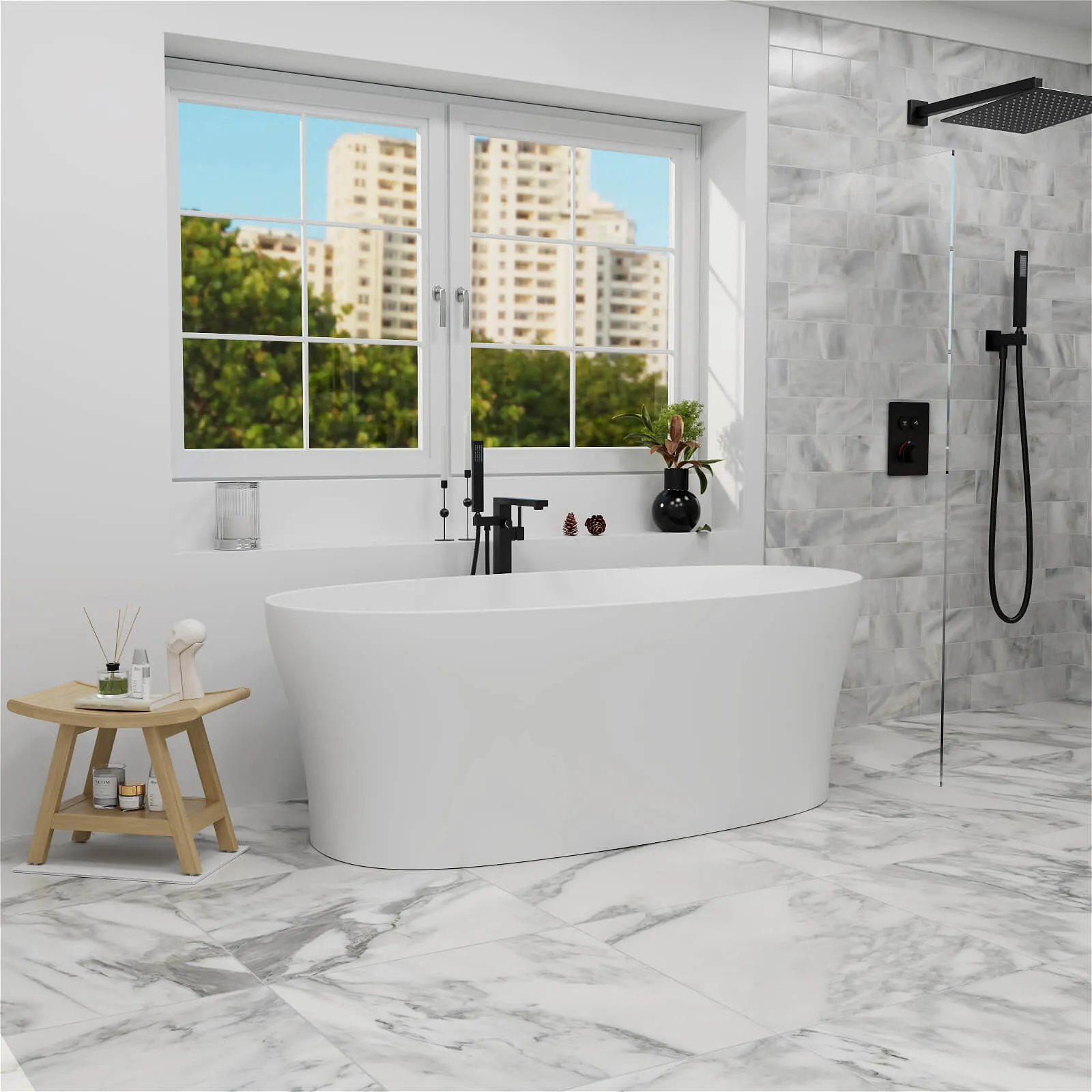 63"/67"/71'' Solid Surface Stone Resin Freestanding Soaking Bathtub Comfortable Backrest Design