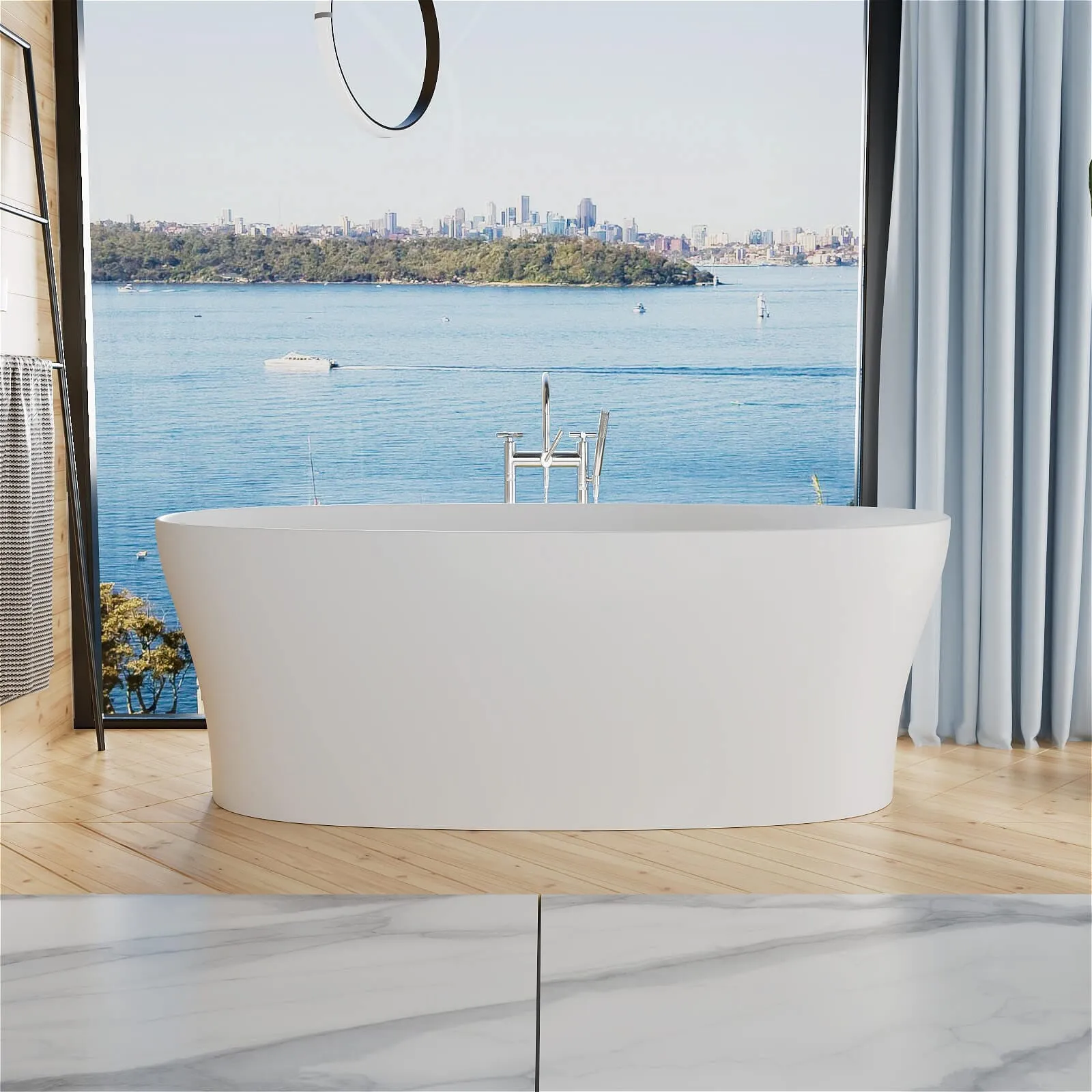 63"/67"/71'' Solid Surface Stone Resin Freestanding Soaking Bathtub Comfortable Backrest Design