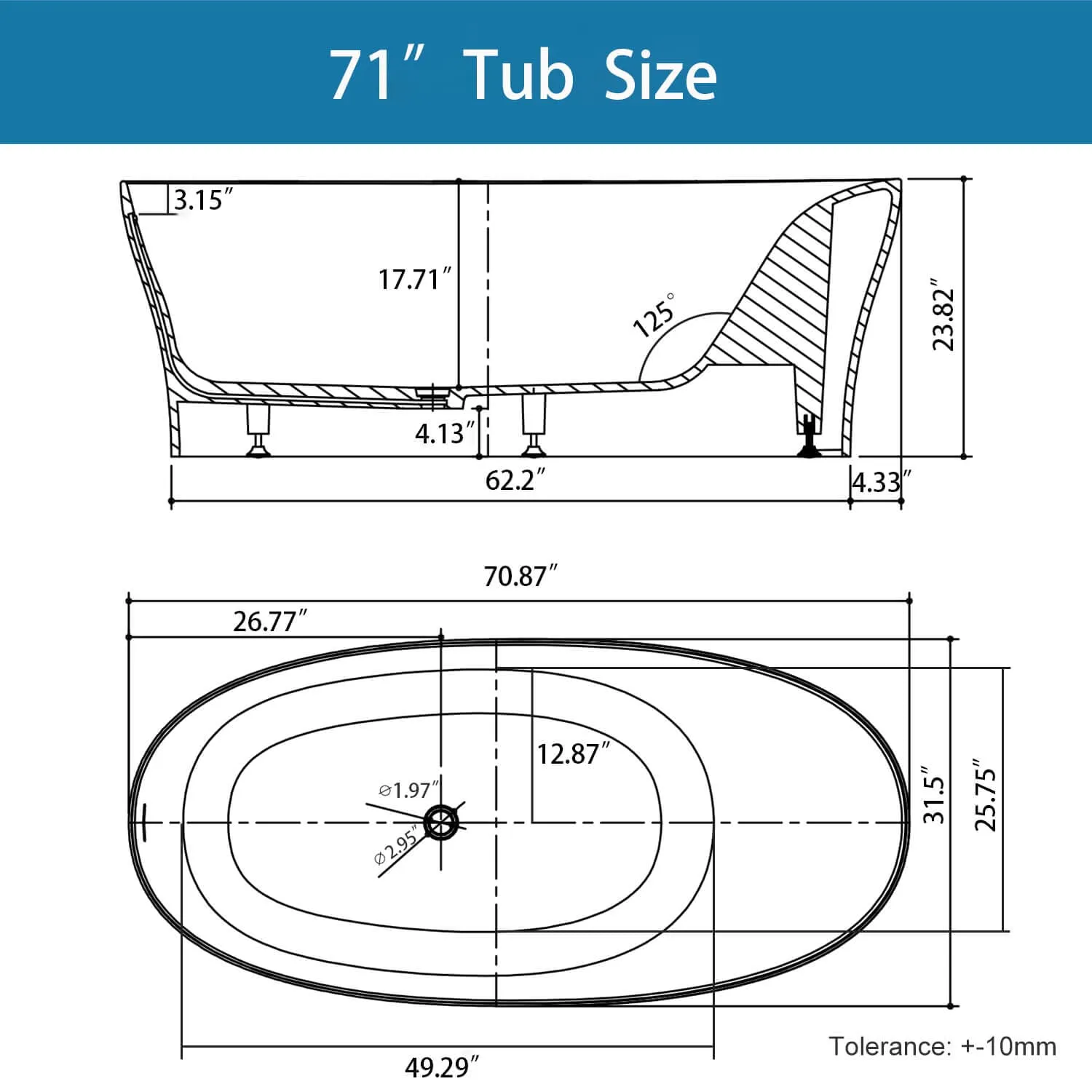 63"/67"/71'' Solid Surface Stone Resin Freestanding Soaking Bathtub Comfortable Backrest Design