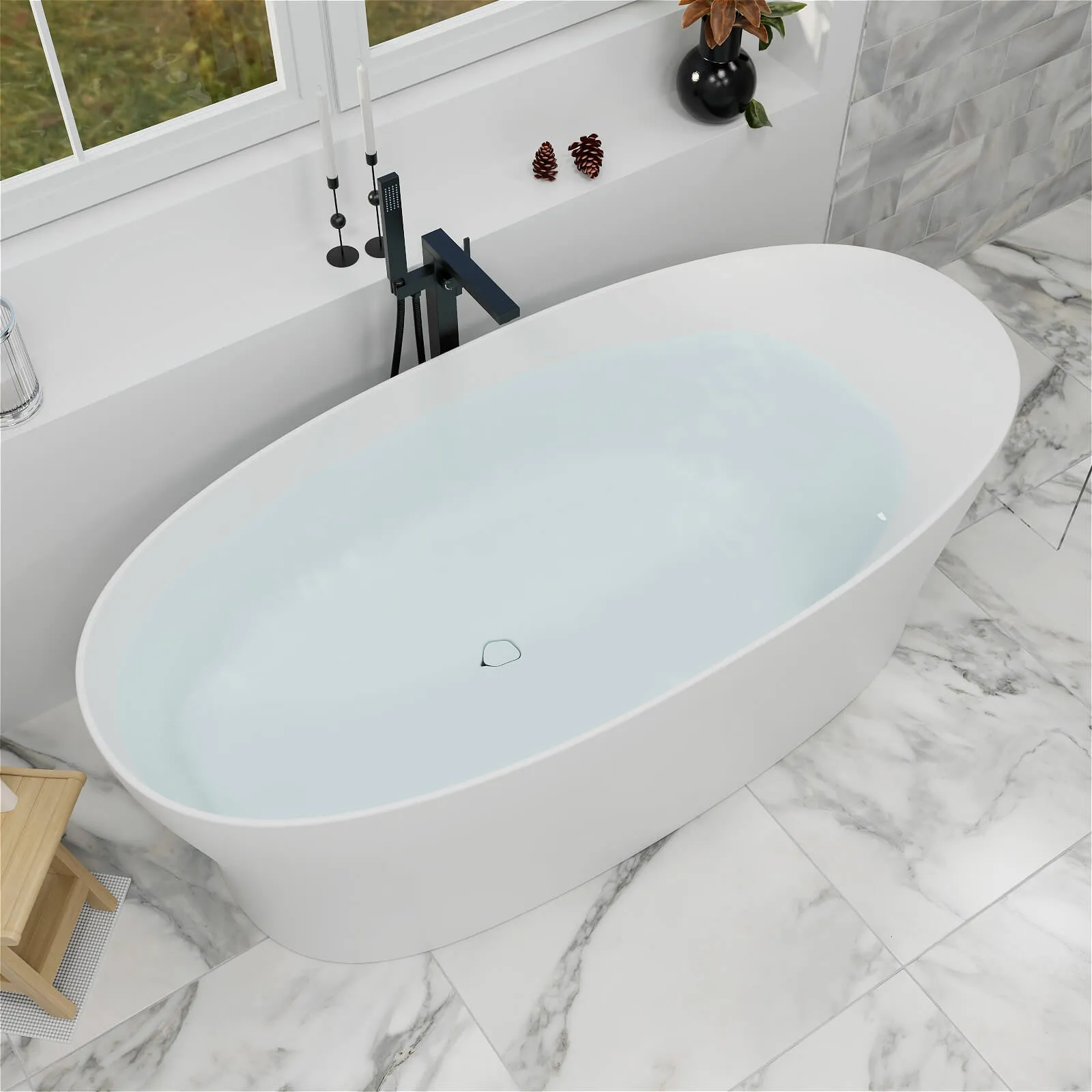 63"/67"/71'' Solid Surface Stone Resin Freestanding Soaking Bathtub Comfortable Backrest Design