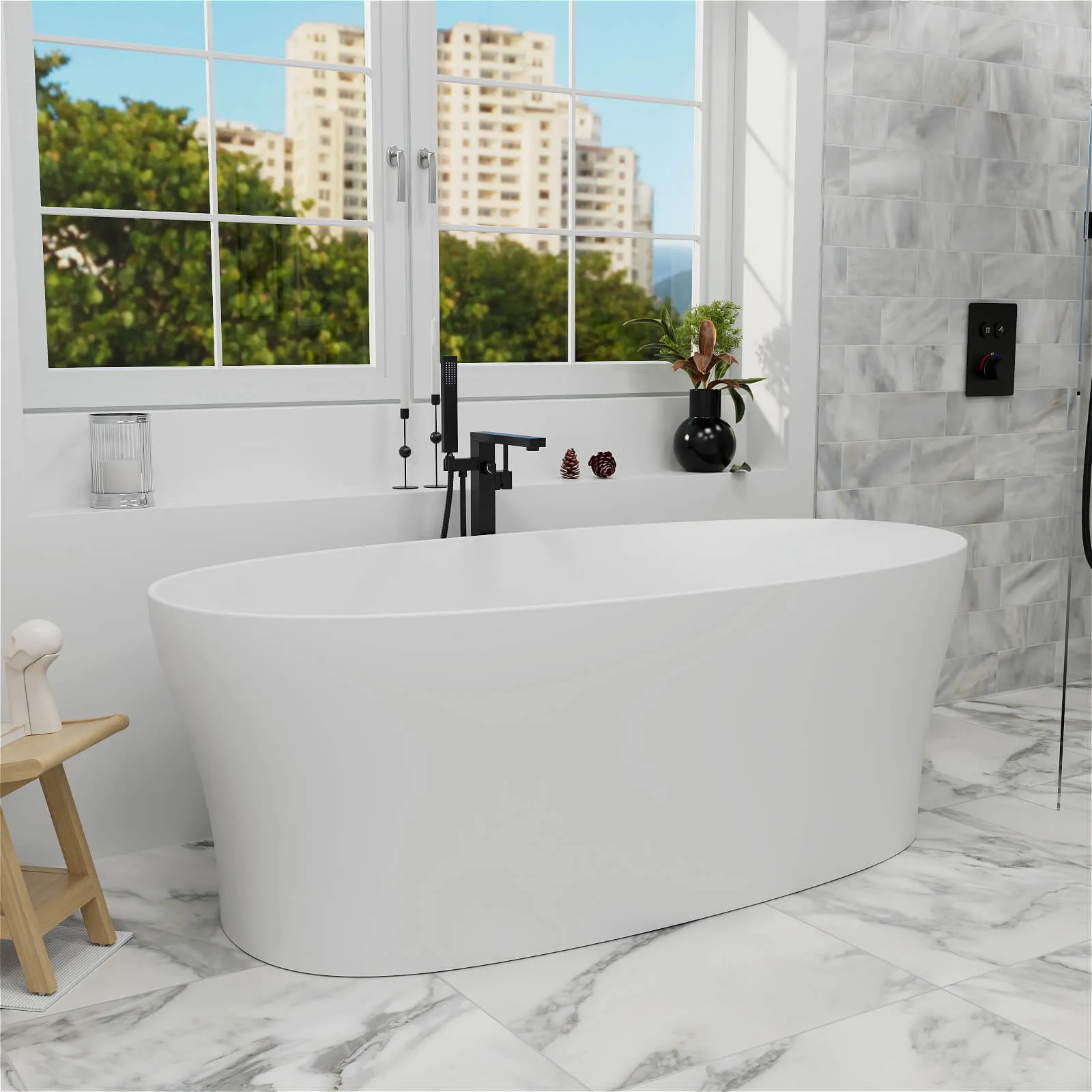 63"/67"/71'' Solid Surface Stone Resin Freestanding Soaking Bathtub Comfortable Backrest Design