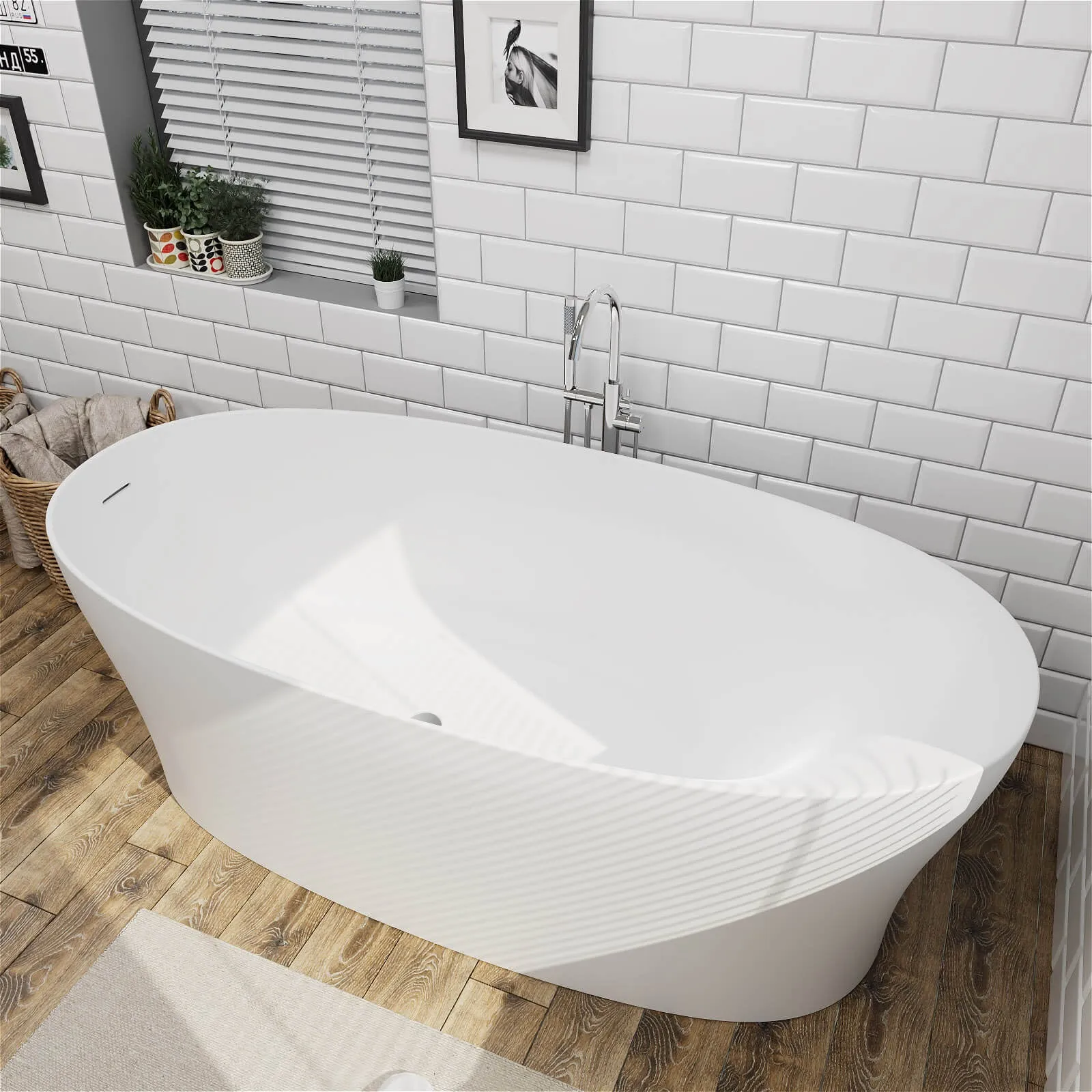 63"/67"/71'' Solid Surface Stone Resin Freestanding Soaking Bathtub Comfortable Backrest Design