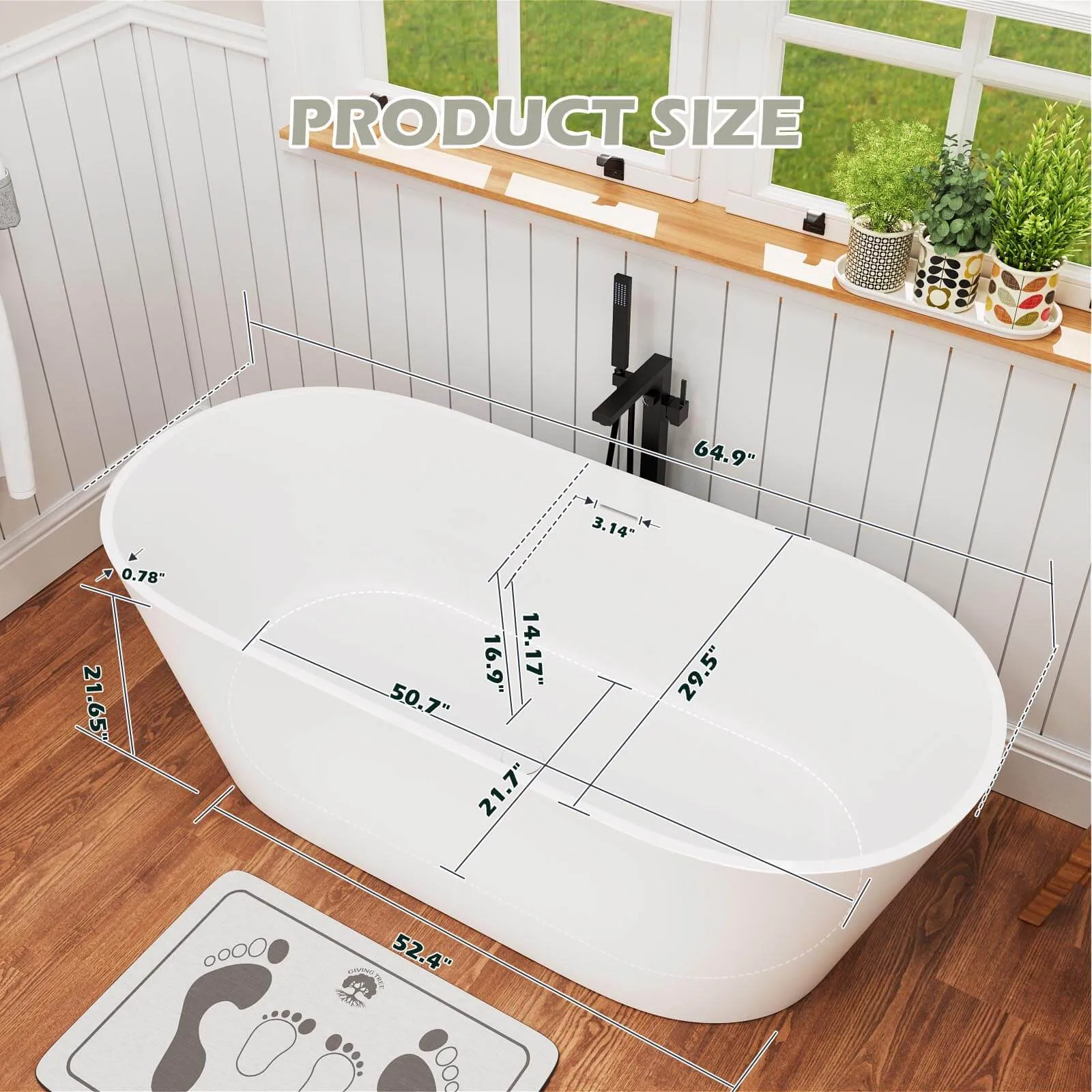 65" Stone Resin Bathtub Oval-shaped Solid Surface Stand Alone Tub with Pop-up Drain