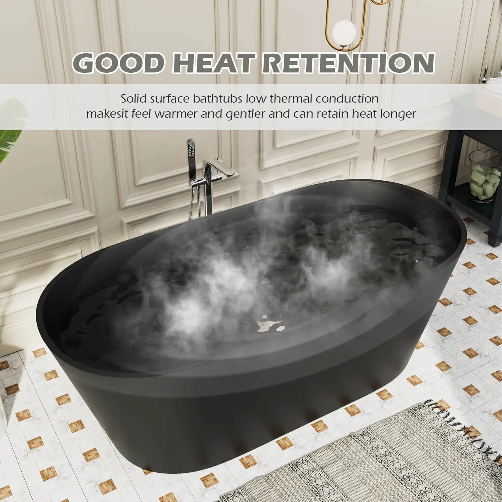 65" Stone Resin Bathtub Oval-shaped Solid Surface Stand Alone Tub with Pop-up Drain