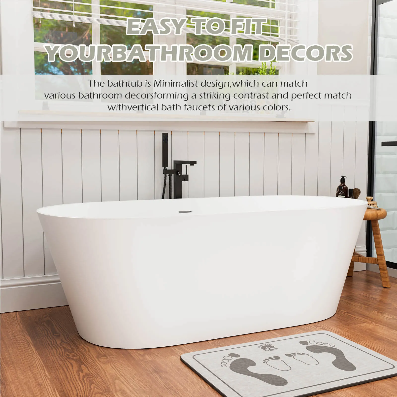 65" Stone Resin Bathtub Oval-shaped Solid Surface Stand Alone Tub with Pop-up Drain