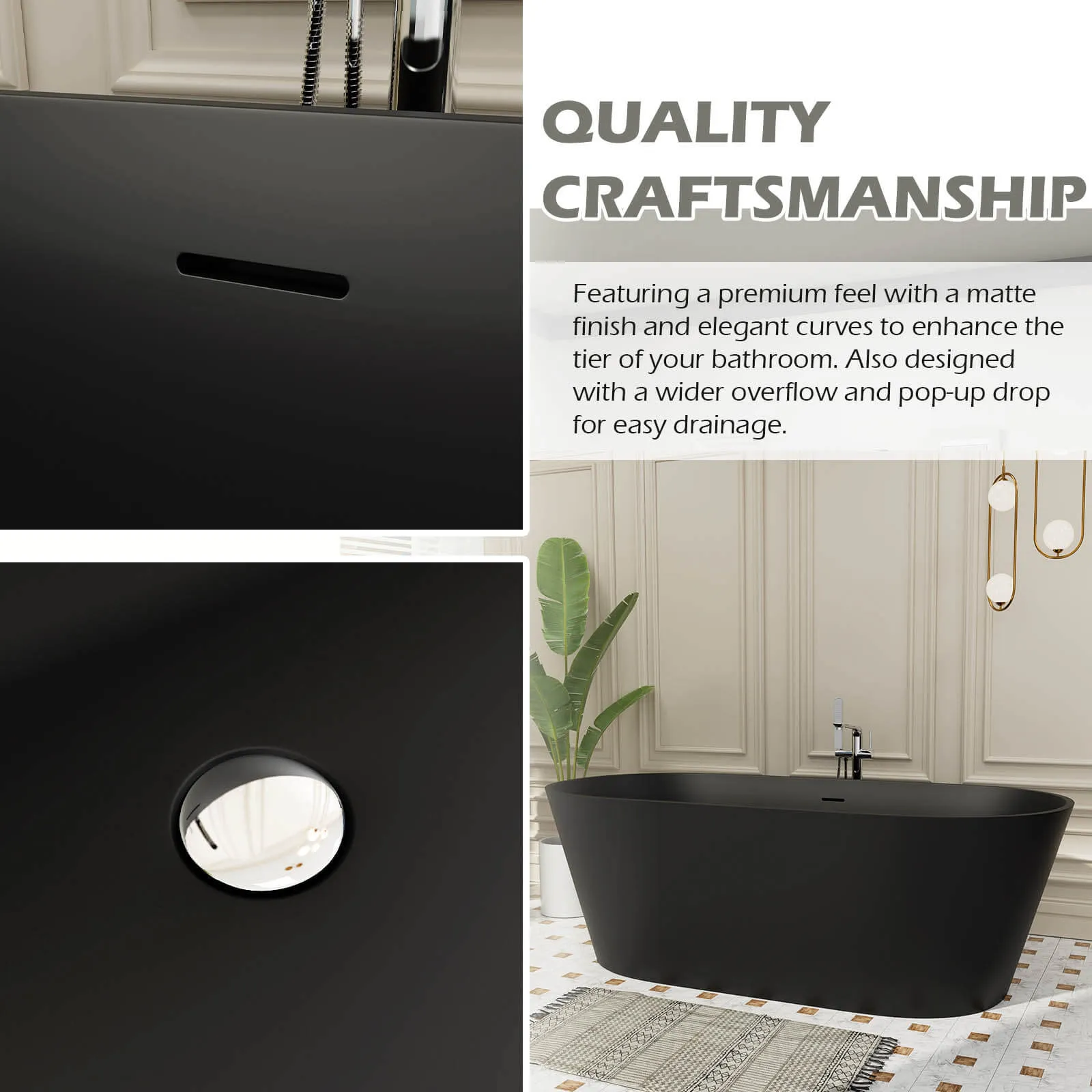 65" Stone Resin Bathtub Oval-shaped Solid Surface Stand Alone Tub with Pop-up Drain