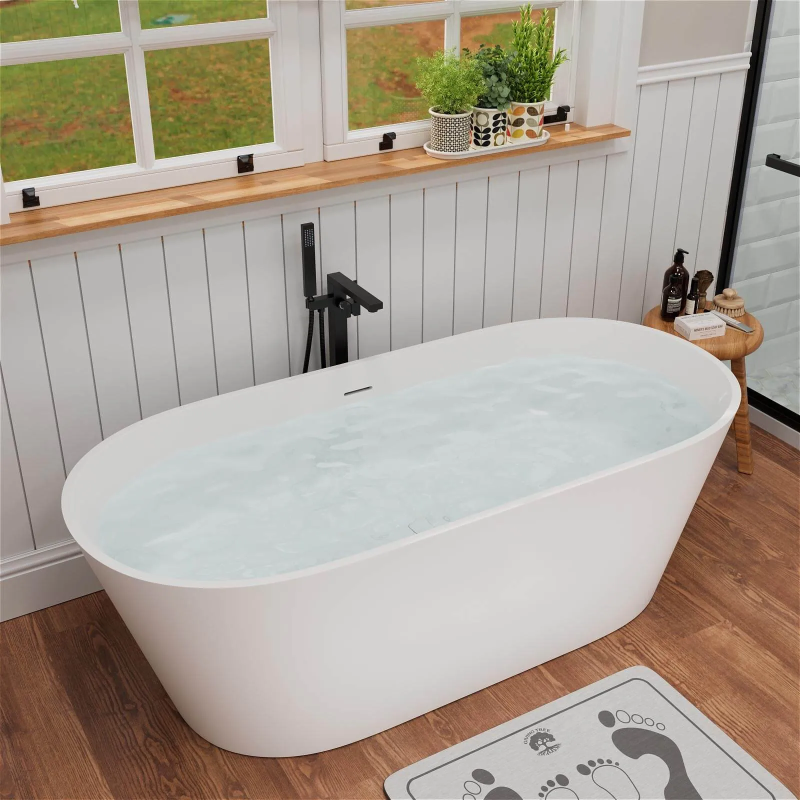 65" Stone Resin Bathtub Oval-shaped Solid Surface Stand Alone Tub with Pop-up Drain