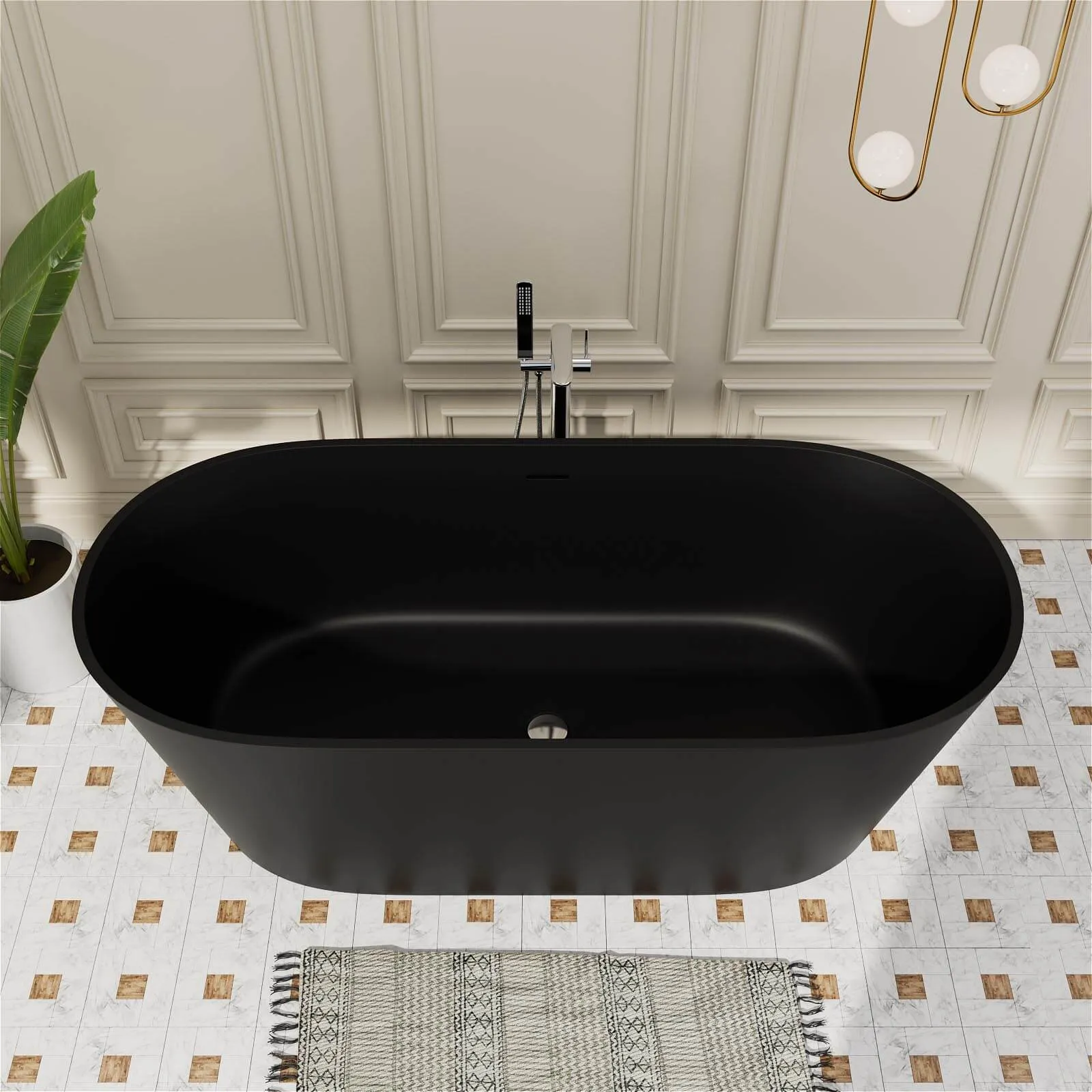 65" Stone Resin Bathtub Oval-shaped Solid Surface Stand Alone Tub with Pop-up Drain