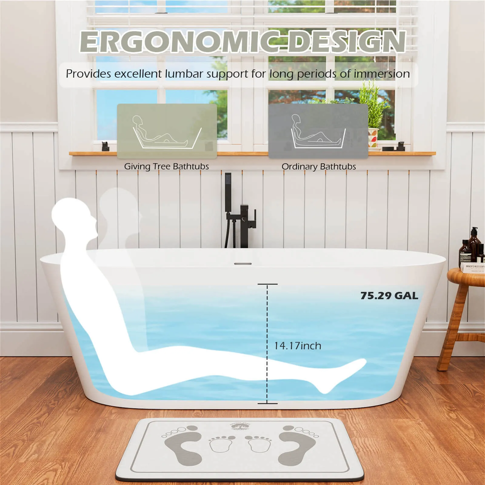 65" Stone Resin Bathtub Oval-shaped Solid Surface Stand Alone Tub with Pop-up Drain