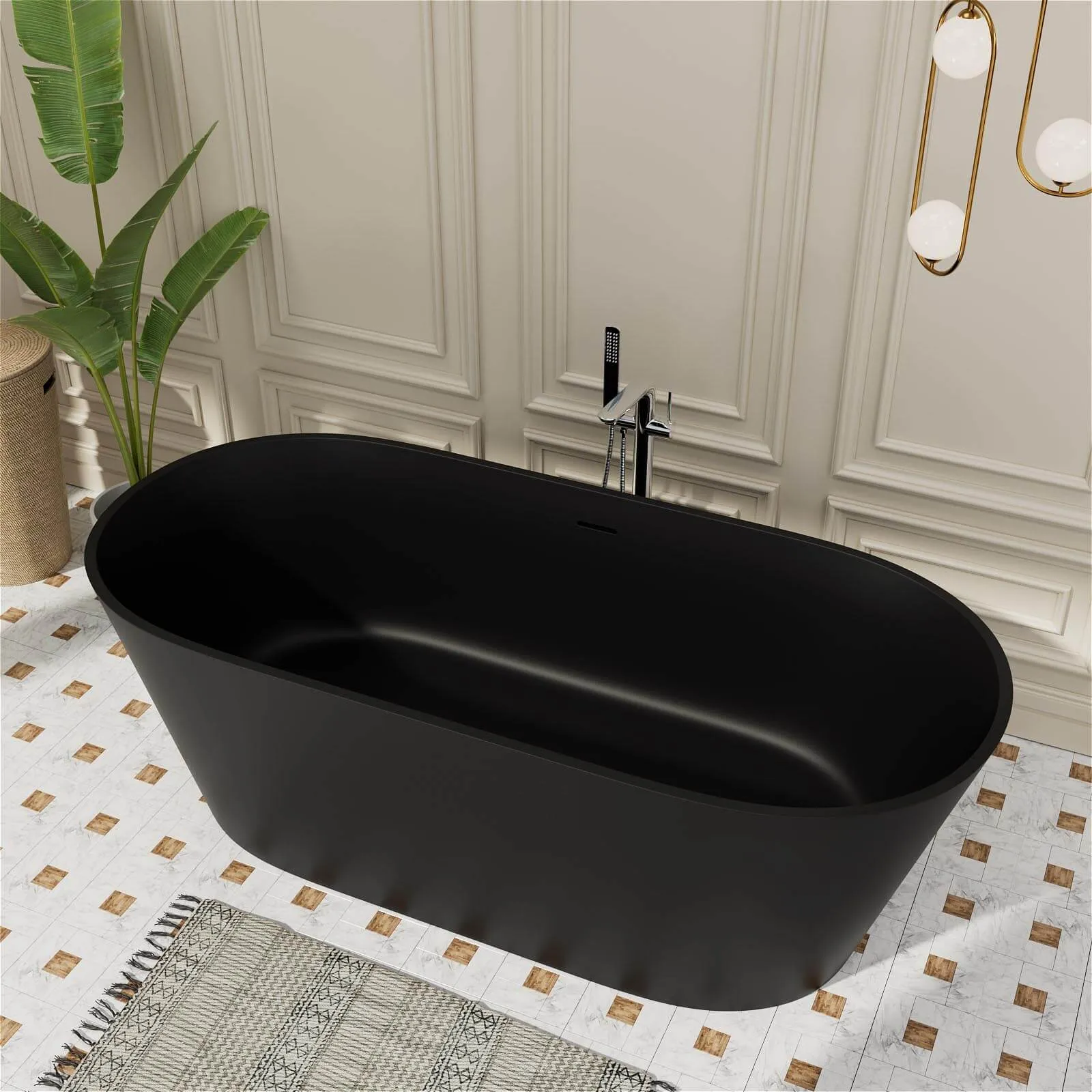 65" Stone Resin Bathtub Oval-shaped Solid Surface Stand Alone Tub with Pop-up Drain