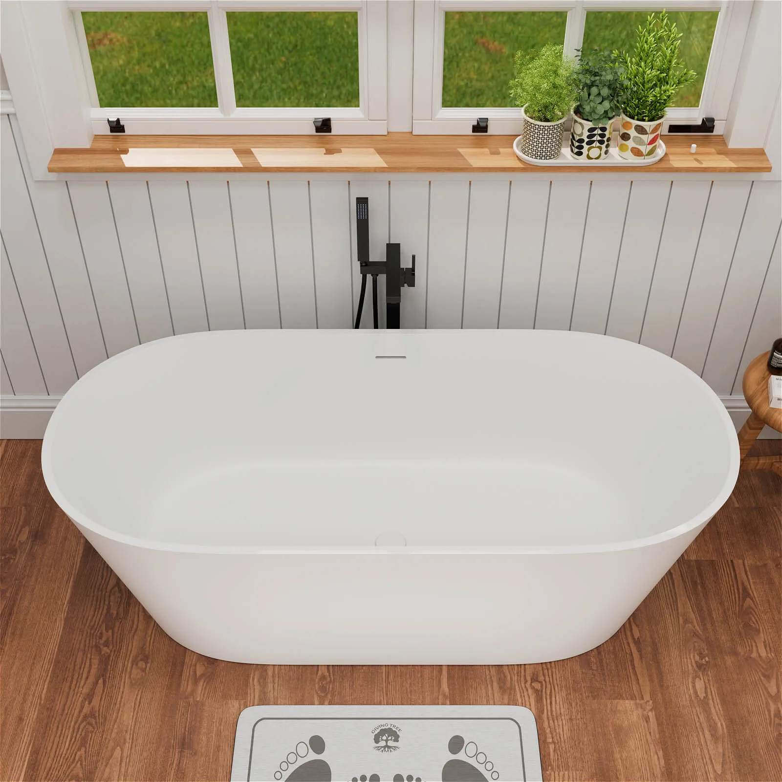 65" Stone Resin Bathtub Oval-shaped Solid Surface Stand Alone Tub with Pop-up Drain