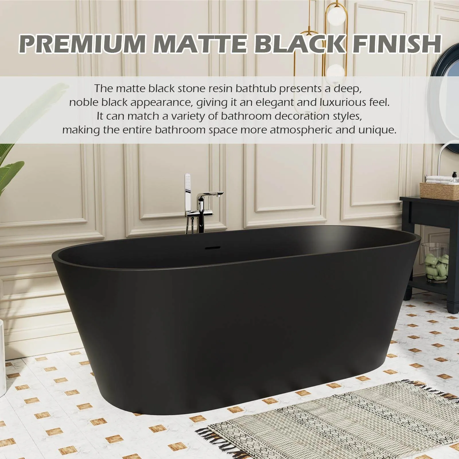 65" Stone Resin Bathtub Oval-shaped Solid Surface Stand Alone Tub with Pop-up Drain