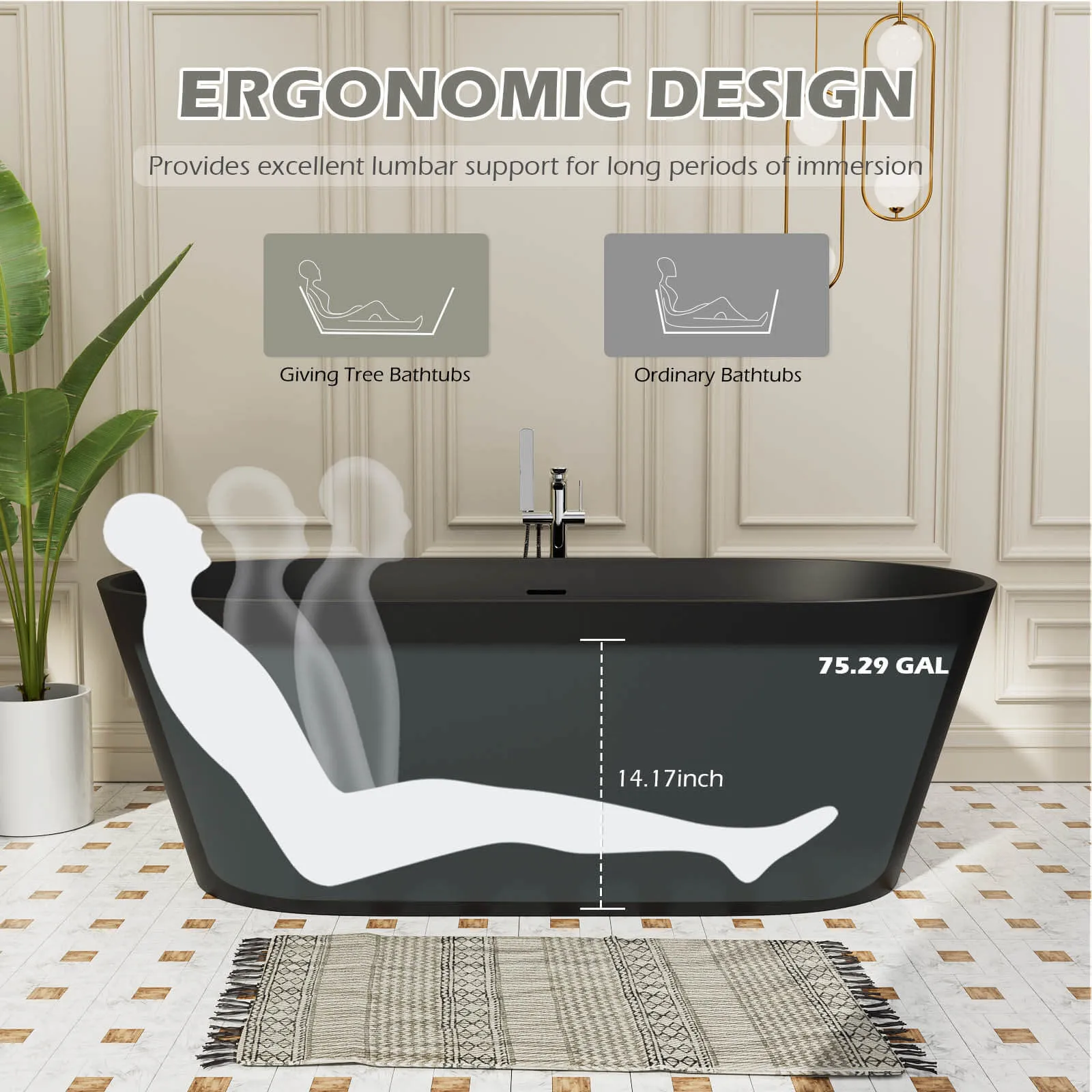 65" Stone Resin Bathtub Oval-shaped Solid Surface Stand Alone Tub with Pop-up Drain