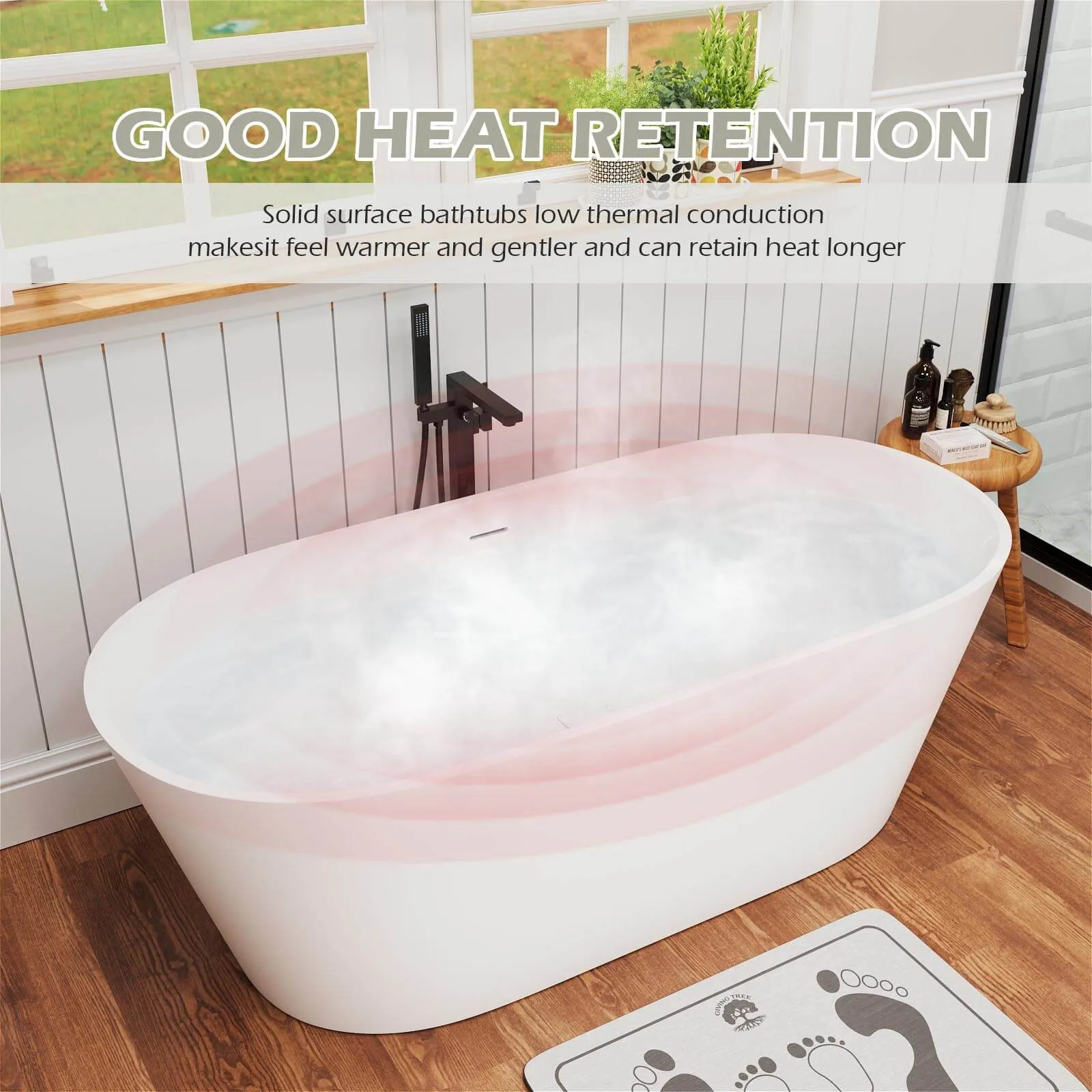 65" Stone Resin Bathtub Oval-shaped Solid Surface Stand Alone Tub with Pop-up Drain