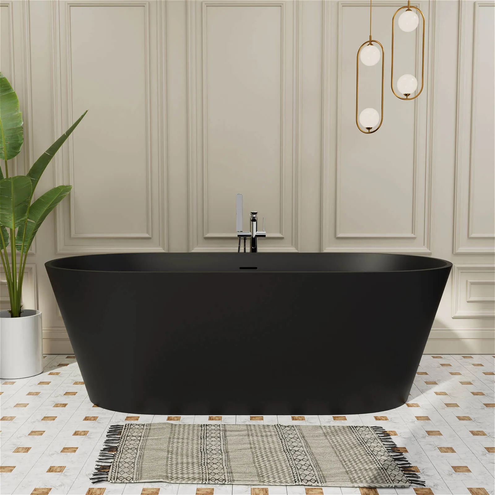 65" Stone Resin Bathtub Oval-shaped Solid Surface Stand Alone Tub with Pop-up Drain