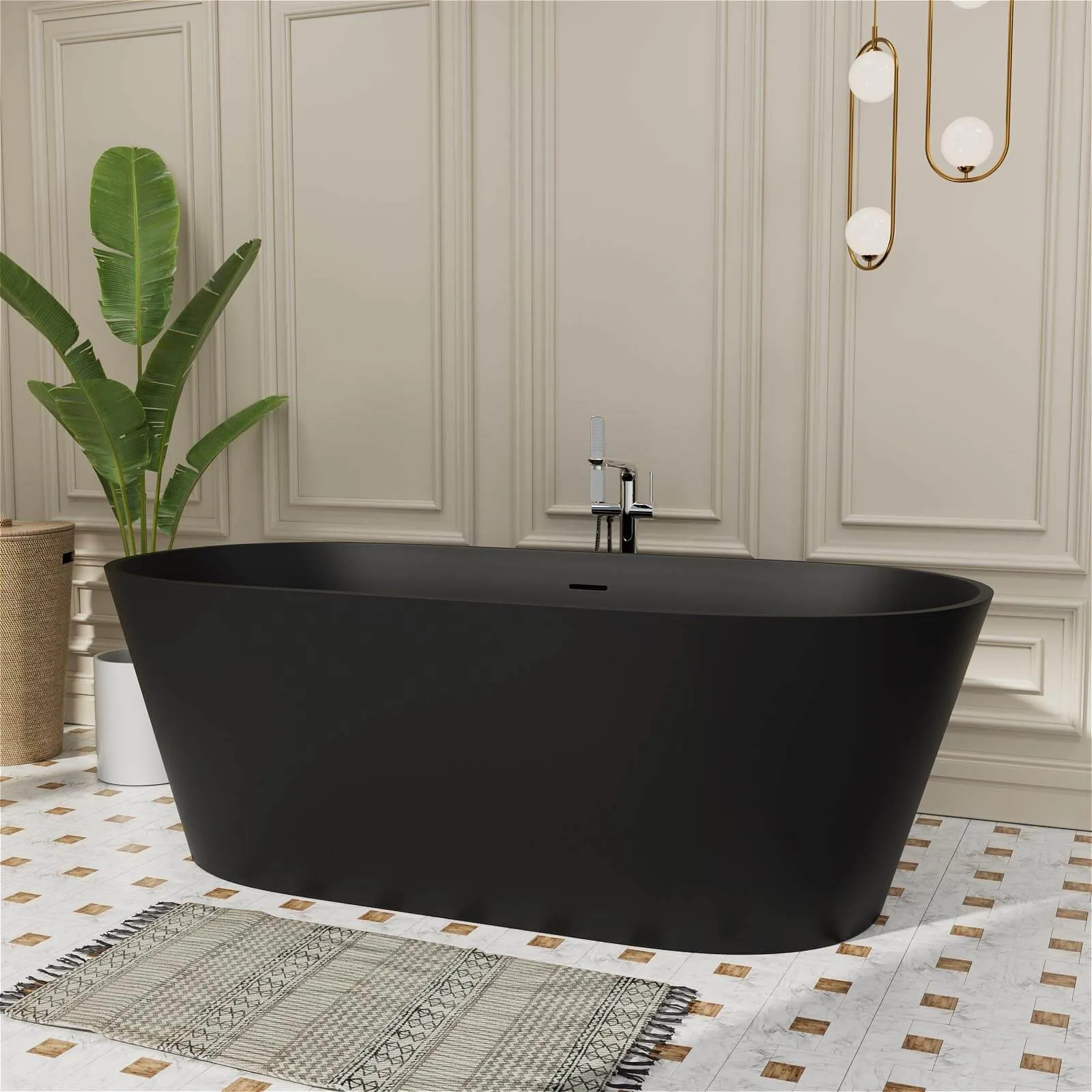 65" Stone Resin Bathtub Oval-shaped Solid Surface Stand Alone Tub with Pop-up Drain