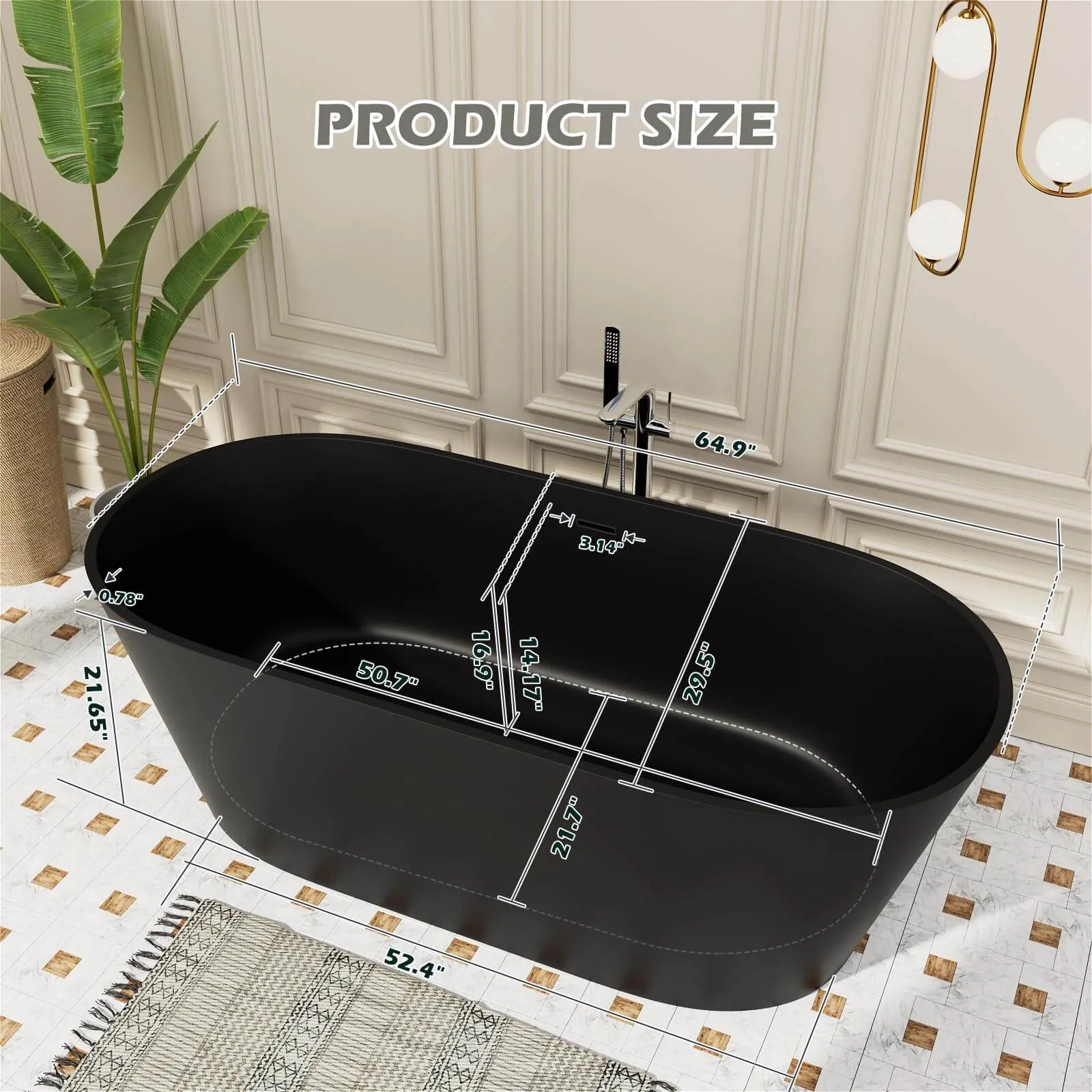 65" Stone Resin Bathtub Oval-shaped Solid Surface Stand Alone Tub with Pop-up Drain