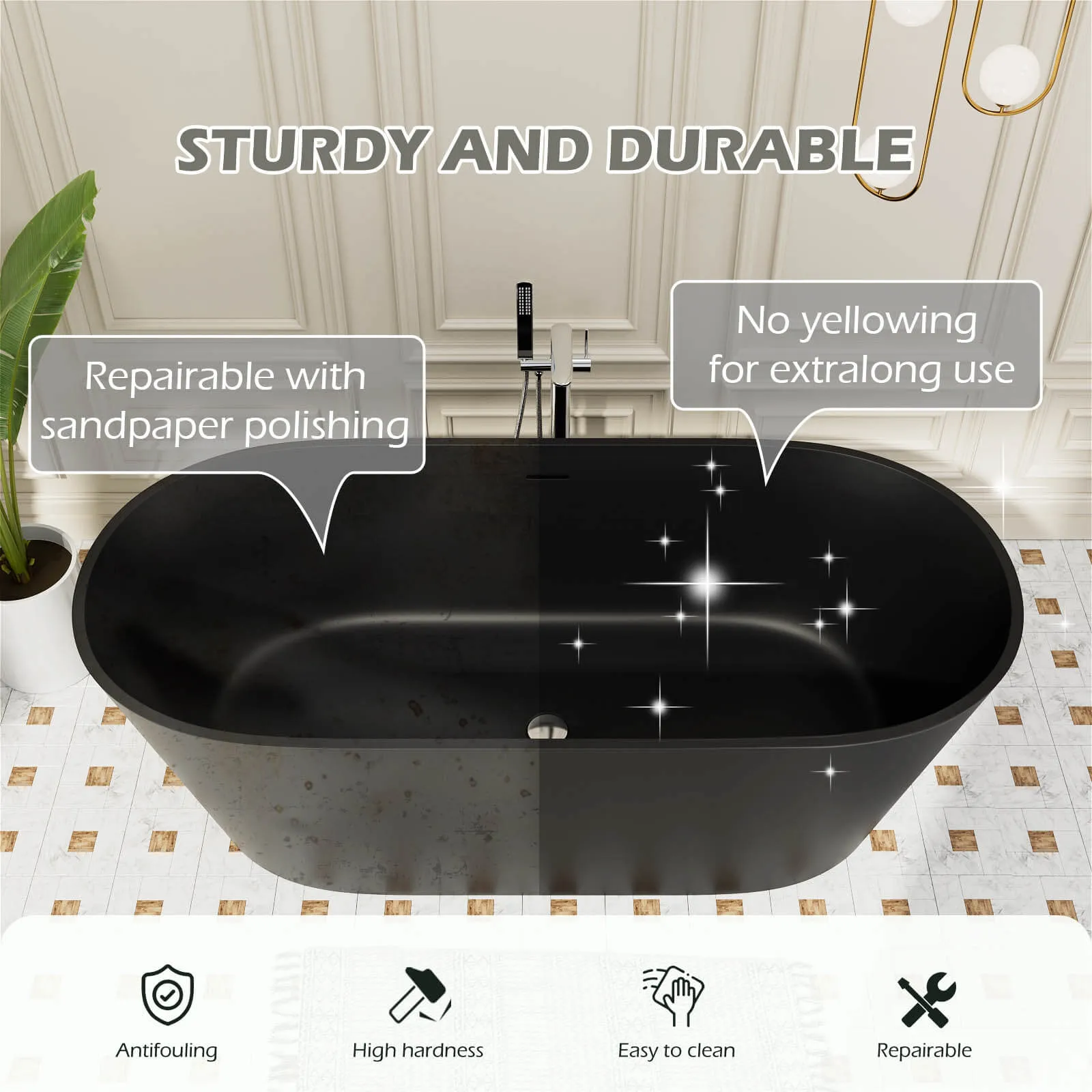 65" Stone Resin Bathtub Oval-shaped Solid Surface Stand Alone Tub with Pop-up Drain