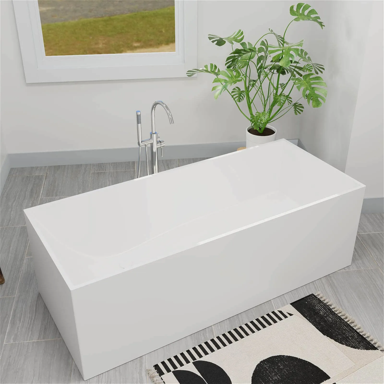 67" Freestanding Rectangular Bathtub with Ergonomic Backrest