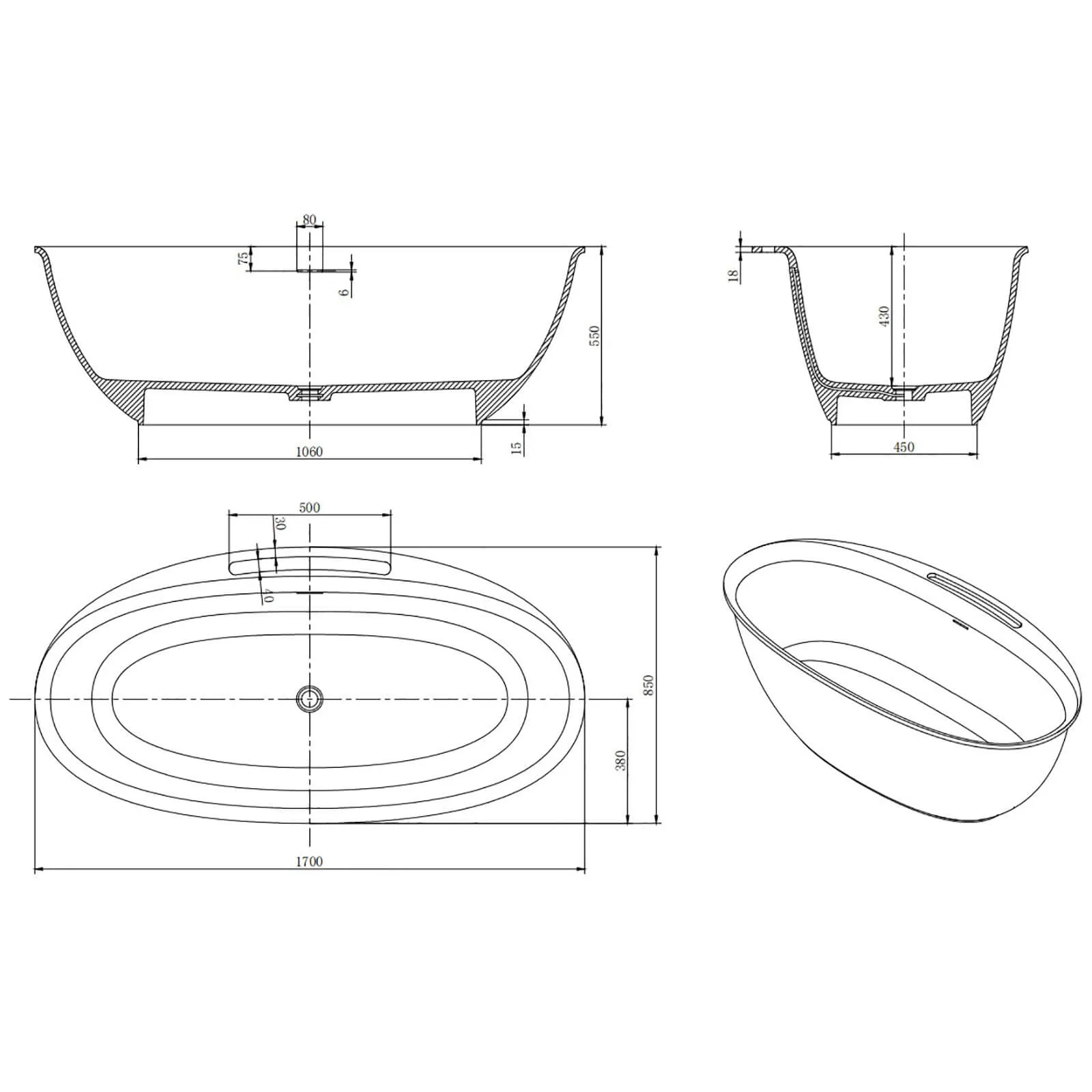 67" Solid Surface Soaking Tub with Towel Rack