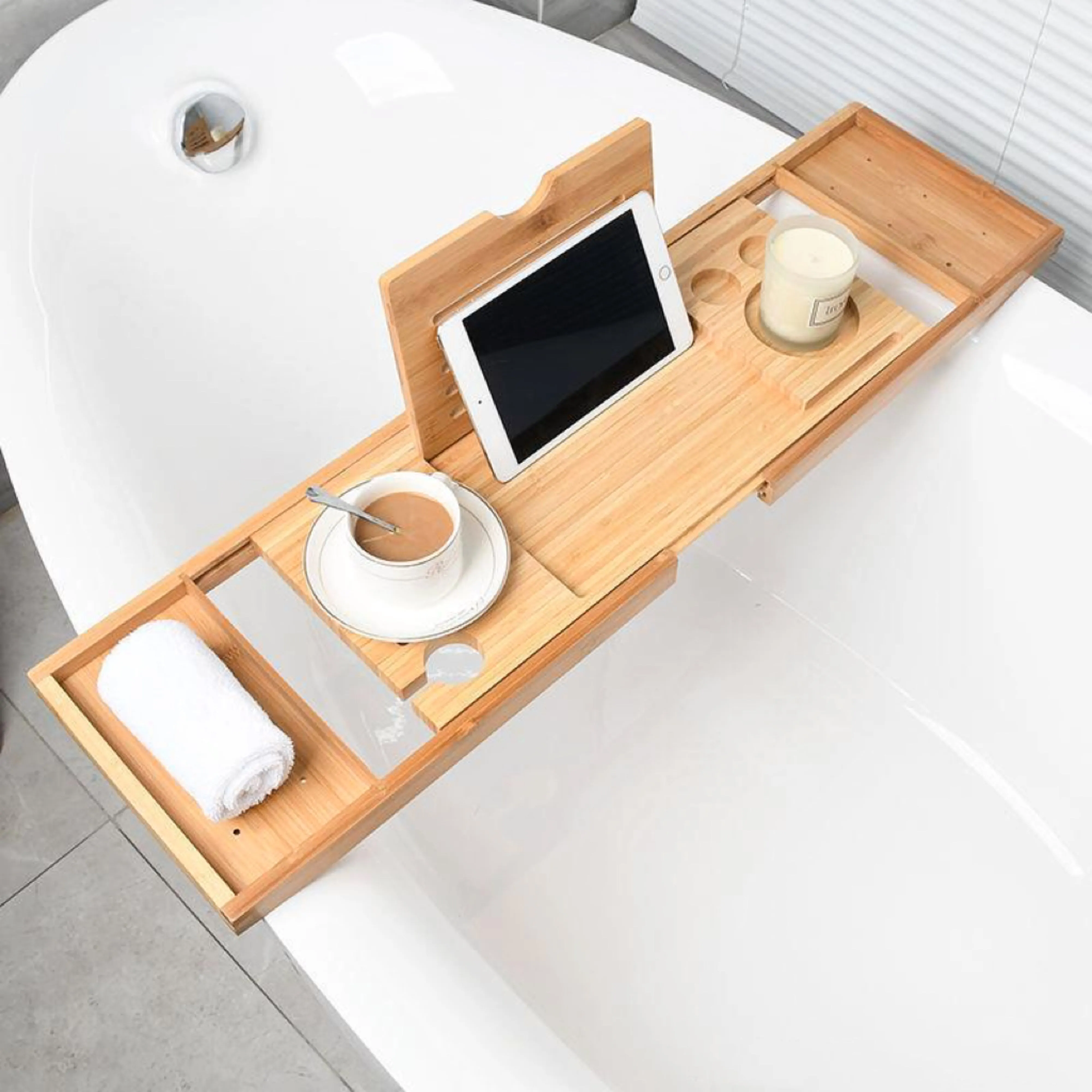 9-in-1 Expandable Bamboo Bath Caddy Tray, Fits Most Bathtubs, Gominimo