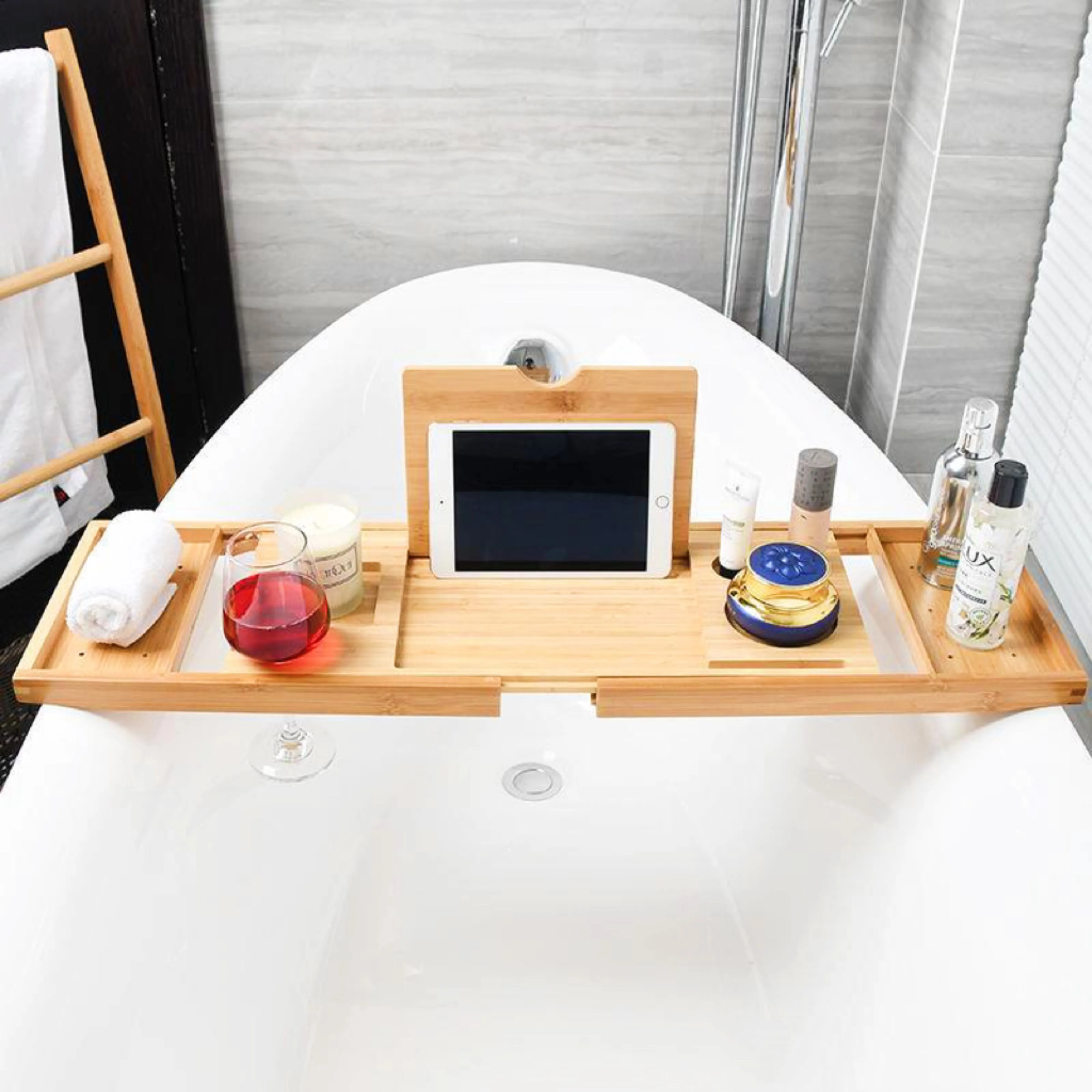 9-in-1 Expandable Bamboo Bath Caddy Tray, Fits Most Bathtubs, Gominimo