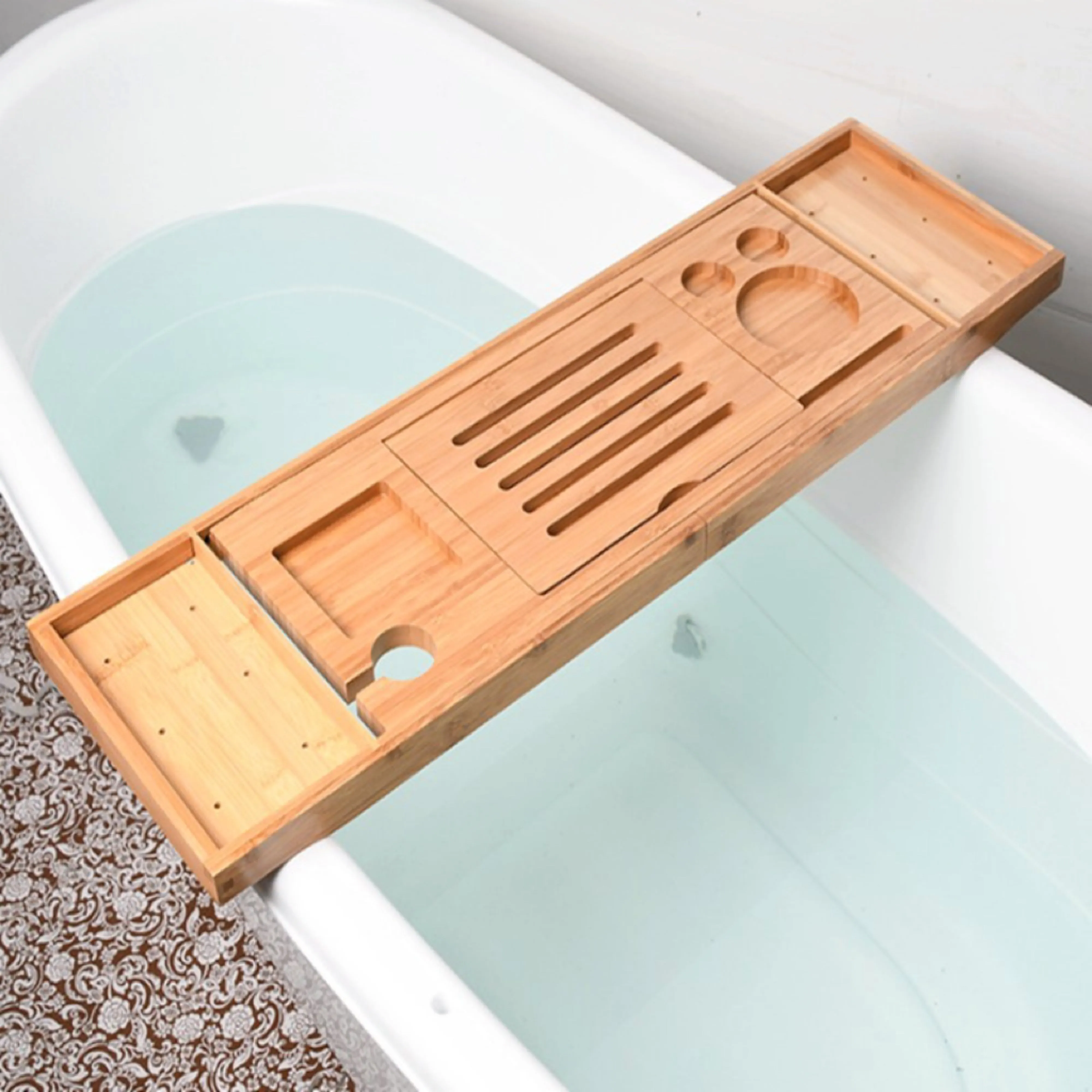 9-in-1 Expandable Bamboo Bath Caddy Tray, Fits Most Bathtubs, Gominimo