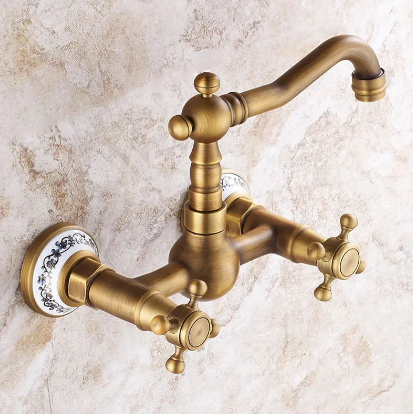 Antique Brass Ceramic Into The Wall Bathroom Washbasin Basin Faucet