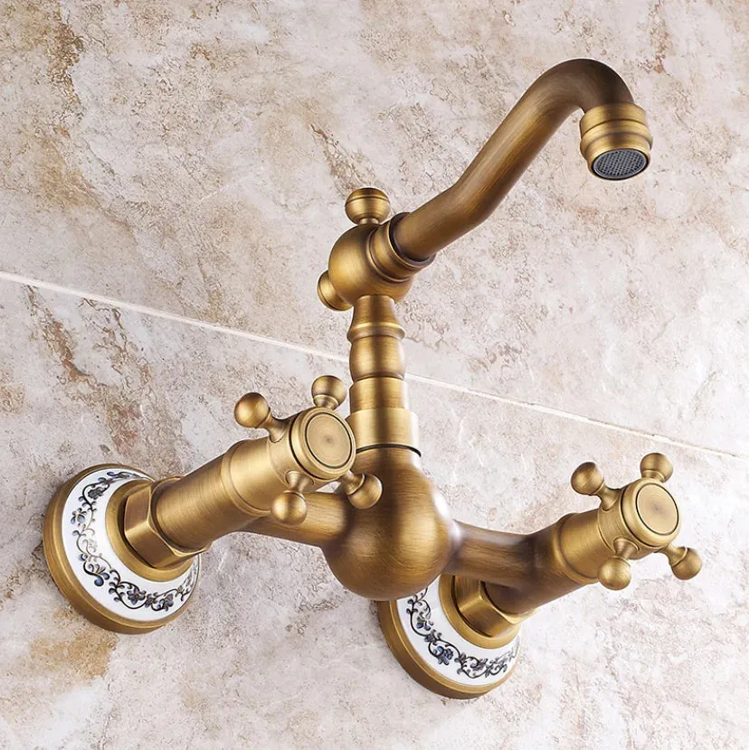 Antique Brass Ceramic Into The Wall Bathroom Washbasin Basin Faucet