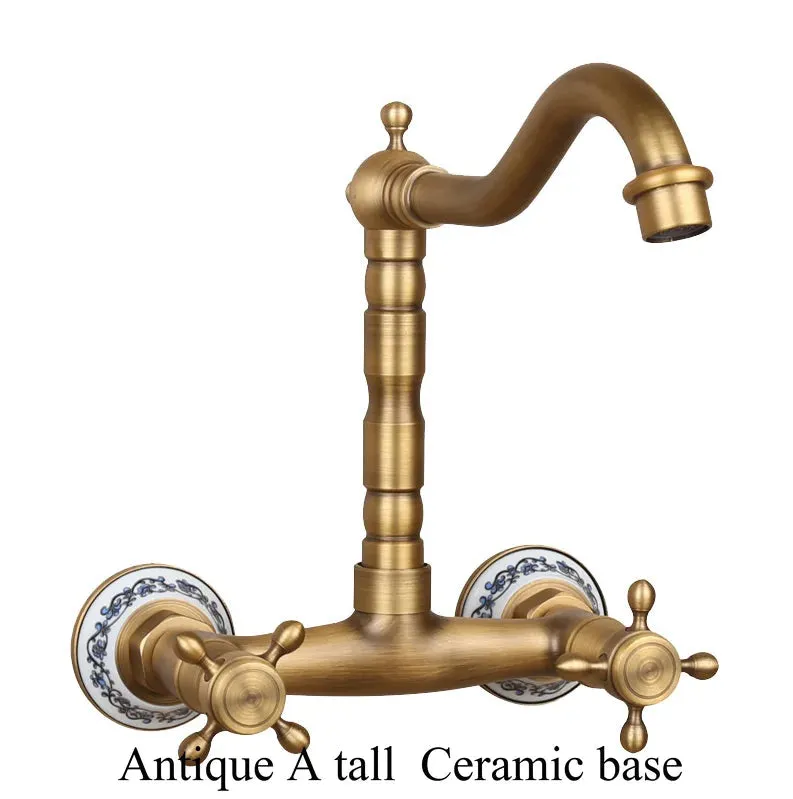 Antique Brass Ceramic Into The Wall Bathroom Washbasin Basin Faucet