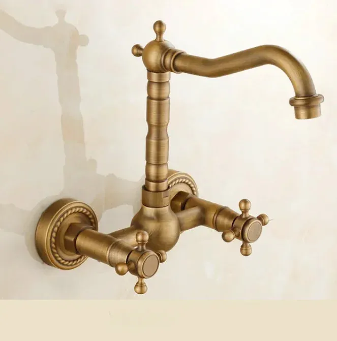 Antique Brass Ceramic Into The Wall Bathroom Washbasin Basin Faucet