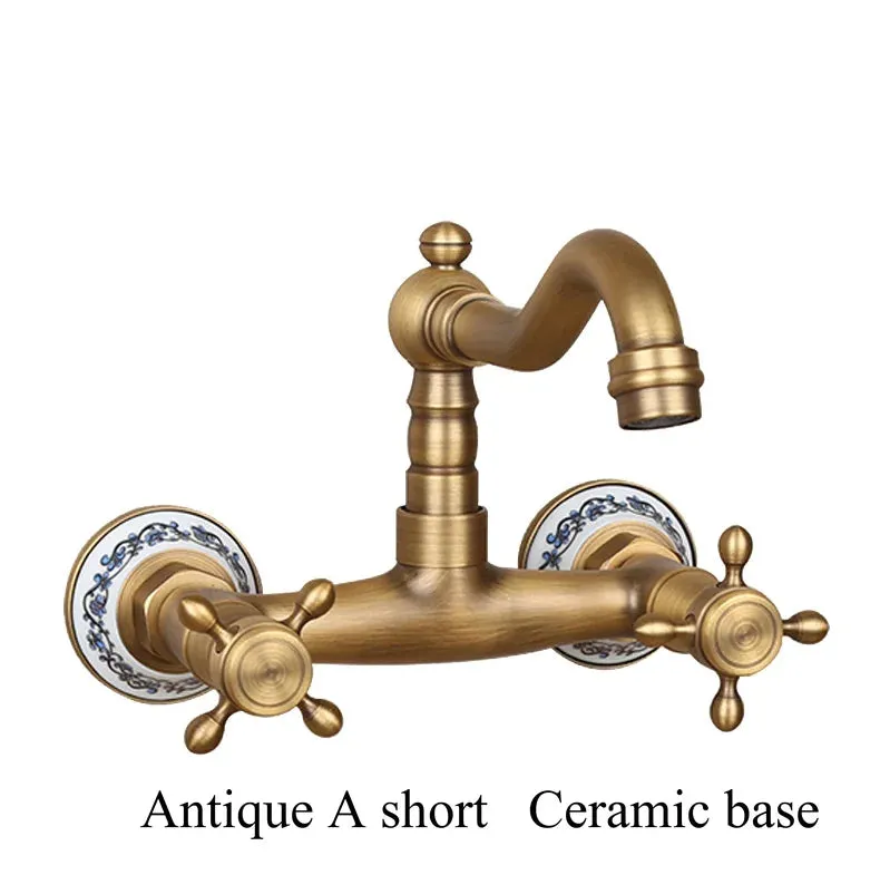 Antique Brass Ceramic Into The Wall Bathroom Washbasin Basin Faucet