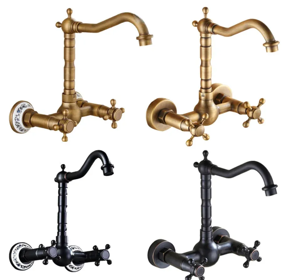 Antique Brass Ceramic Into The Wall Bathroom Washbasin Basin Faucet