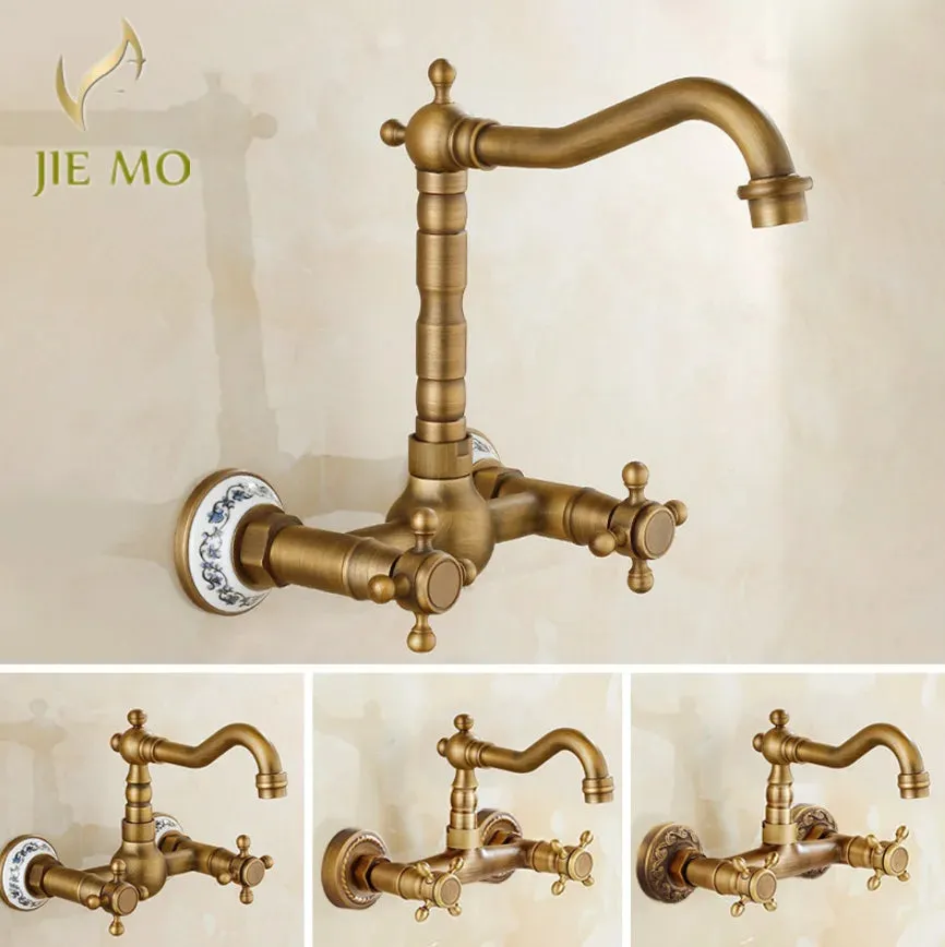 Antique Brass Ceramic Into The Wall Bathroom Washbasin Basin Faucet