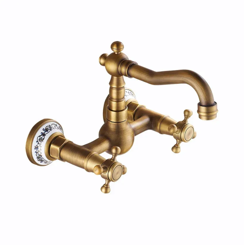 Antique Brass Ceramic Into The Wall Bathroom Washbasin Basin Faucet