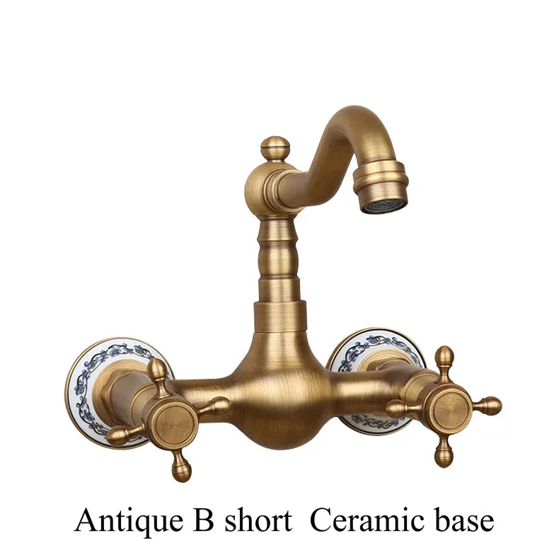 Antique Brass Ceramic Into The Wall Bathroom Washbasin Basin Faucet