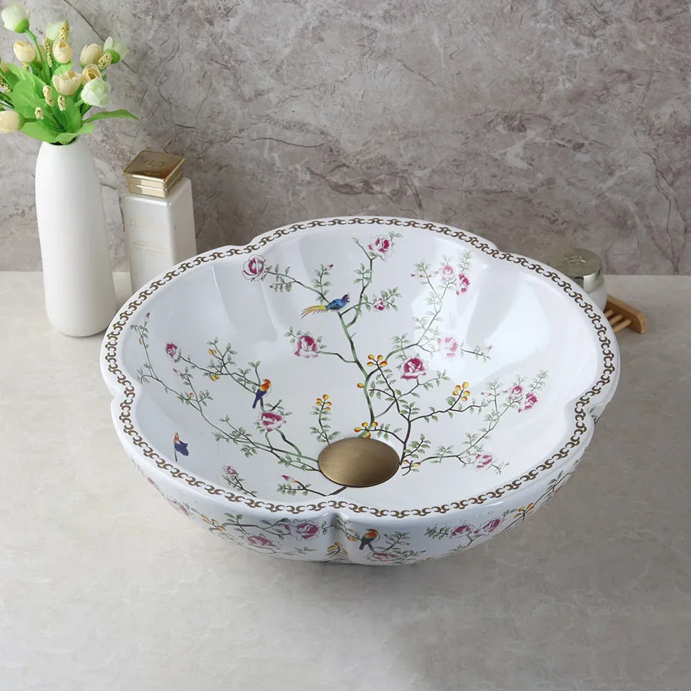 Art Basin Set Spring Blossoms Design Washbasin Bathroom Sink Set