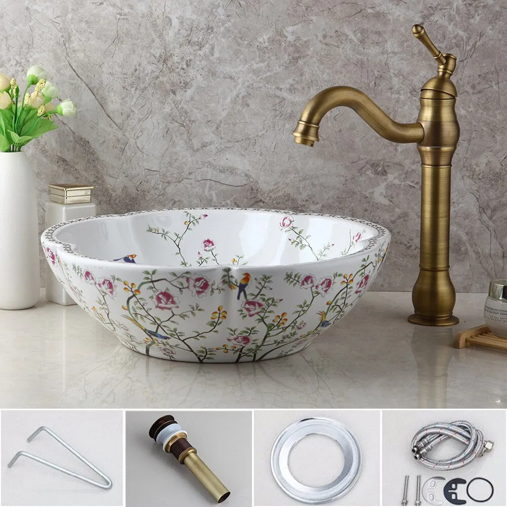 Art Basin Set Spring Blossoms Design Washbasin Bathroom Sink Set