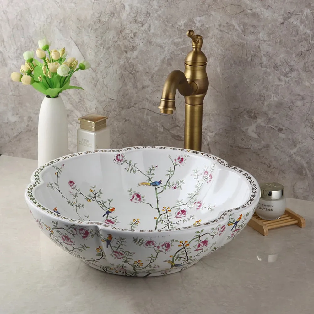 Art Basin Set Spring Blossoms Design Washbasin Bathroom Sink Set